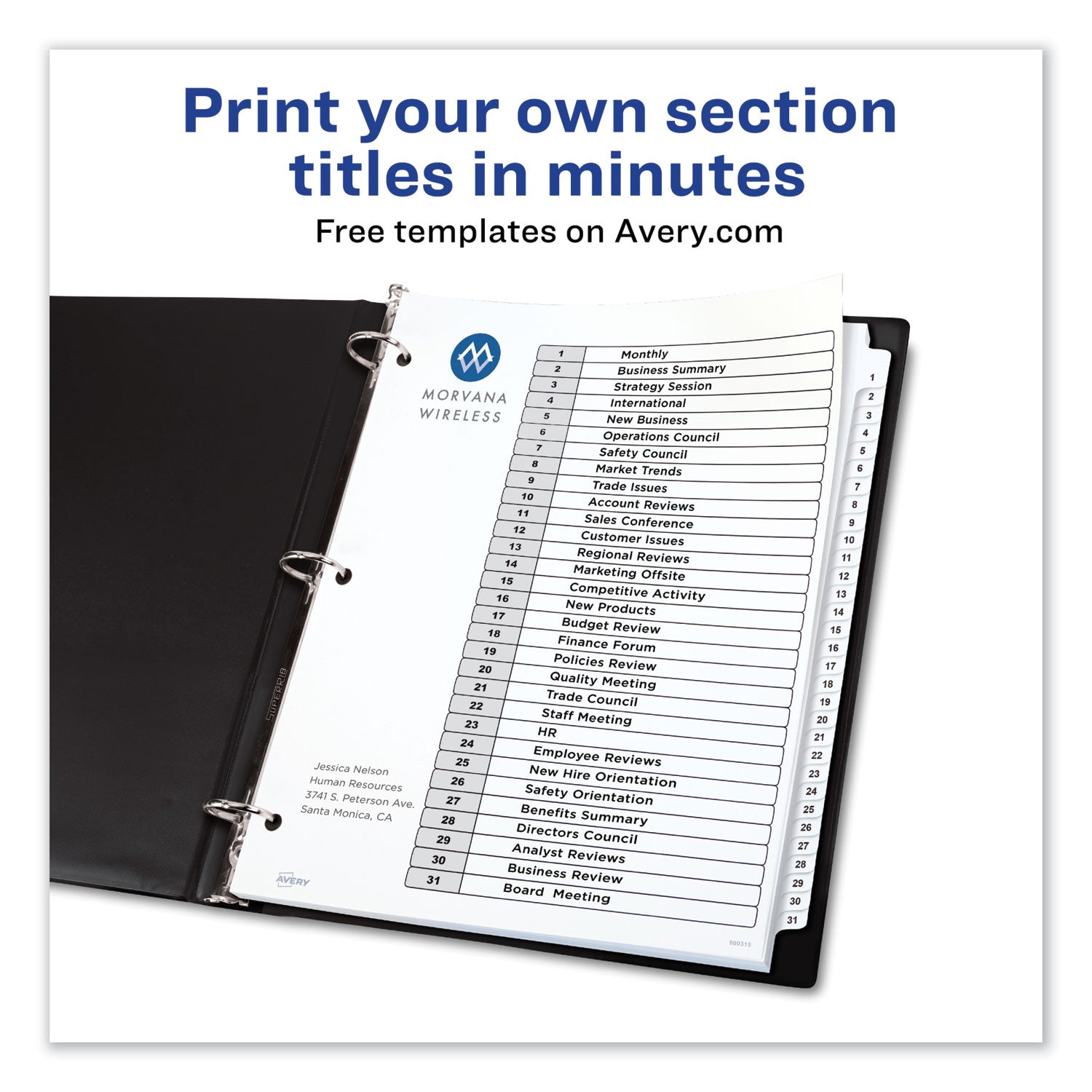 Avery® Customizable TOC Ready Index Black and White Dividers, 31-Tab, 1 to 31, 11 x 8.5, 1 Set