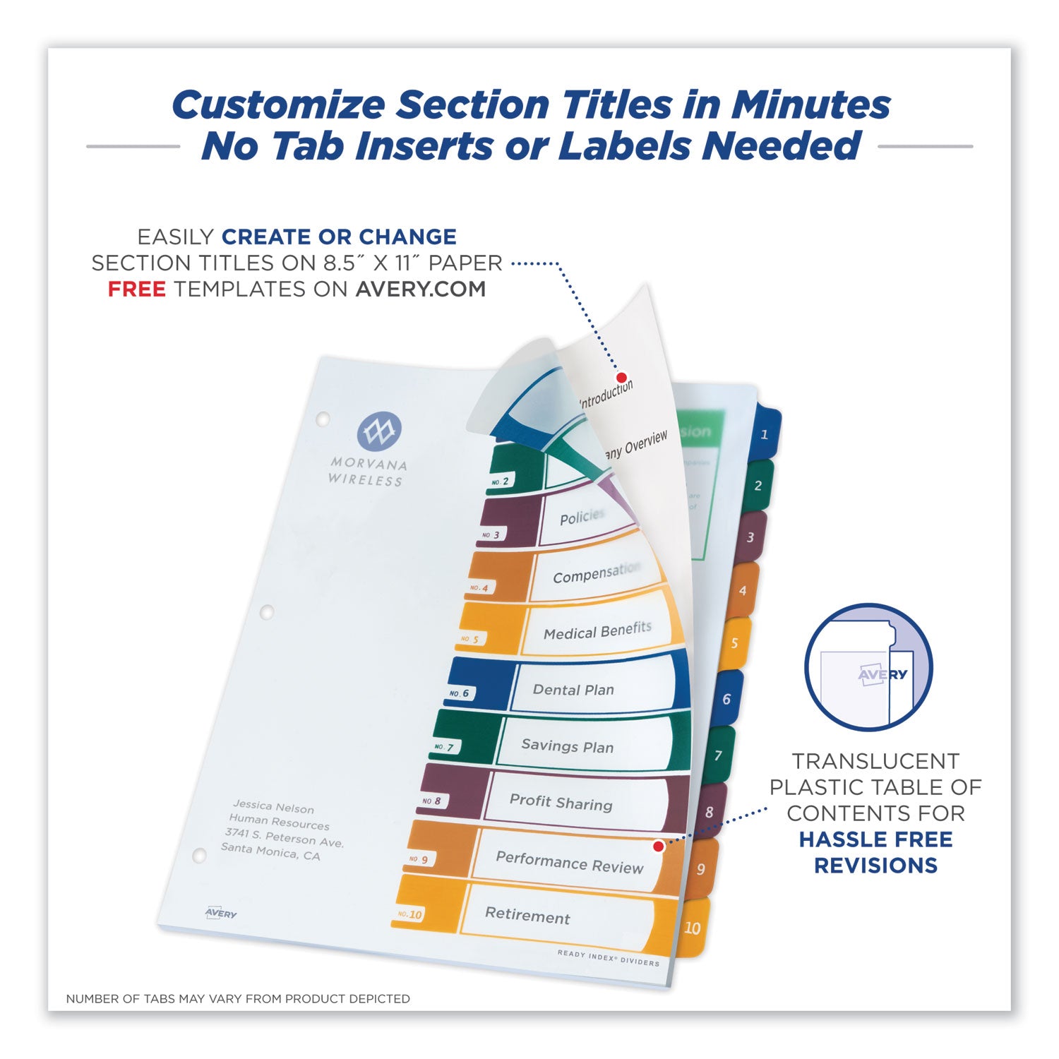 Avery® Customizable Table of Contents Ready Index Dividers with Multicolor Tabs, 10-Tab, 1 to 10, 11 x 8.5, Translucent, 1 Set