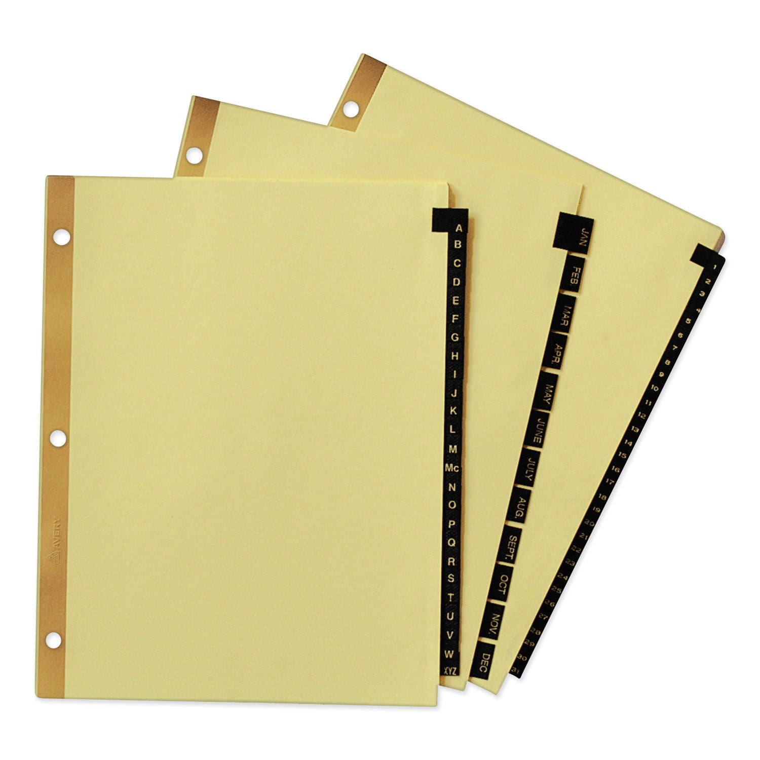 Avery® Preprinted Black Leather Tab Dividers w/Gold Reinforced Edge, 12-Tab, Jan. to Dec., 11 x 8.5, Buff, 1 Set