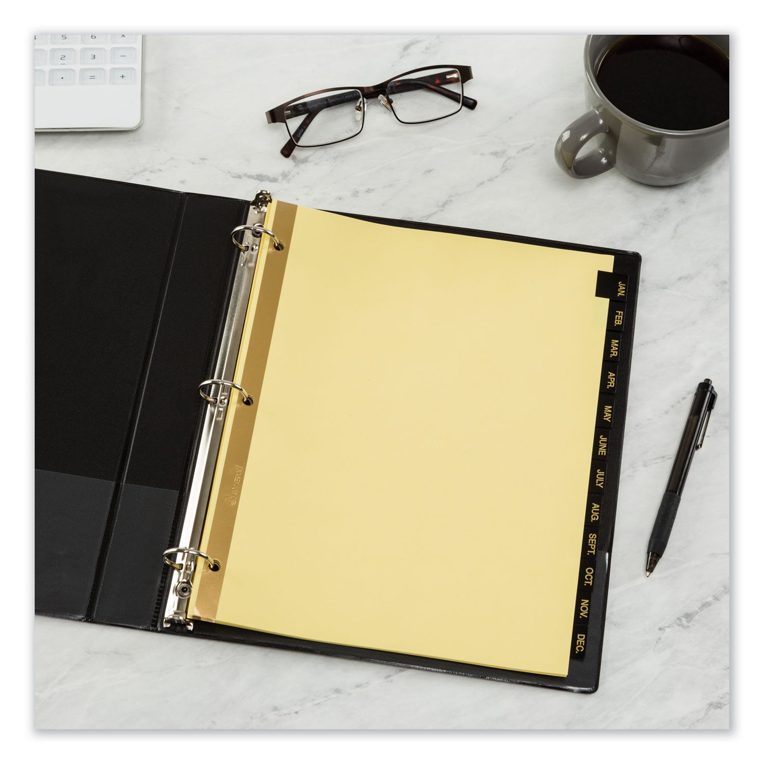 Avery® Preprinted Black Leather Tab Dividers w/Gold Reinforced Edge, 12-Tab, Jan. to Dec., 11 x 8.5, Buff, 1 Set