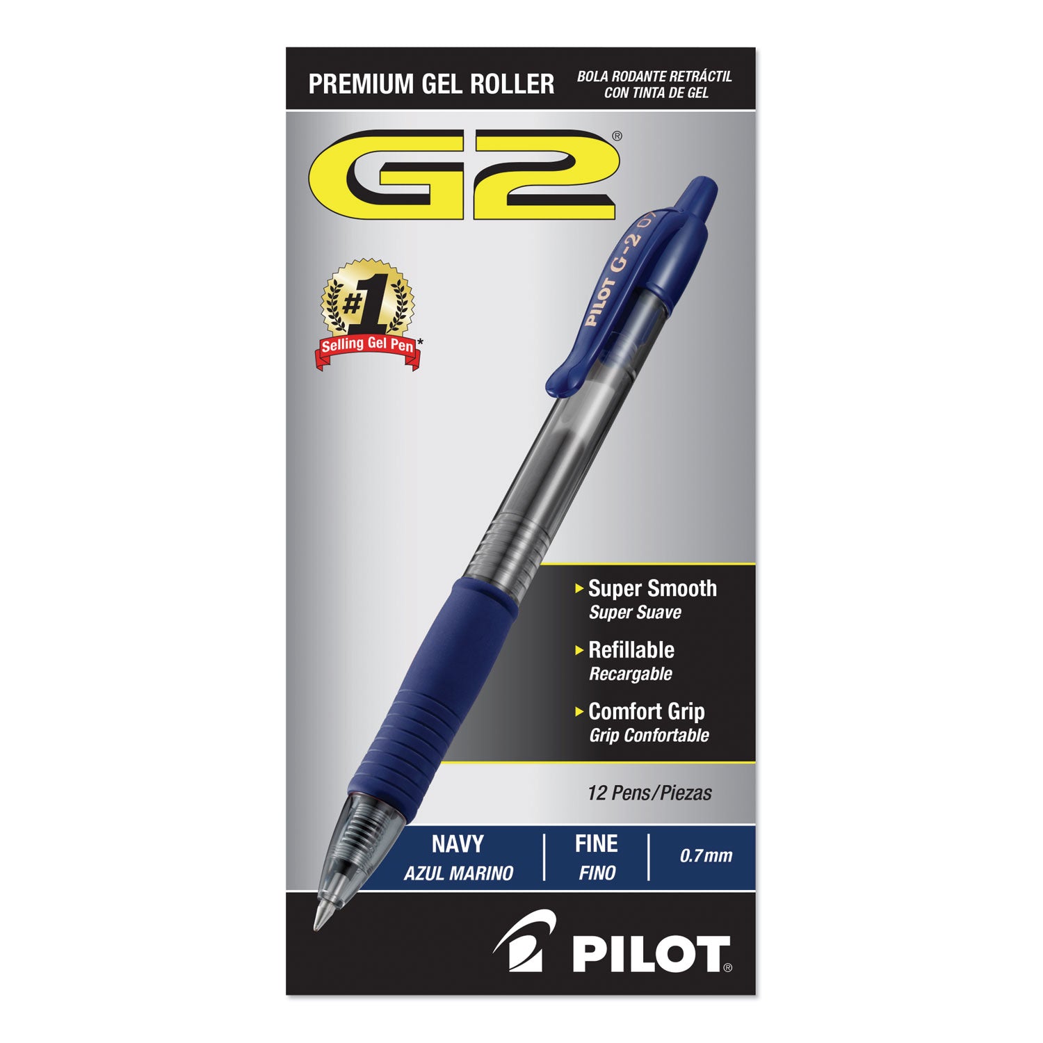 Pilot® G2 Premium Gel Pen, Retractable, Fine 0.7 mm, Navy Blue Ink, Smoke/Blue Barrel, Dozen