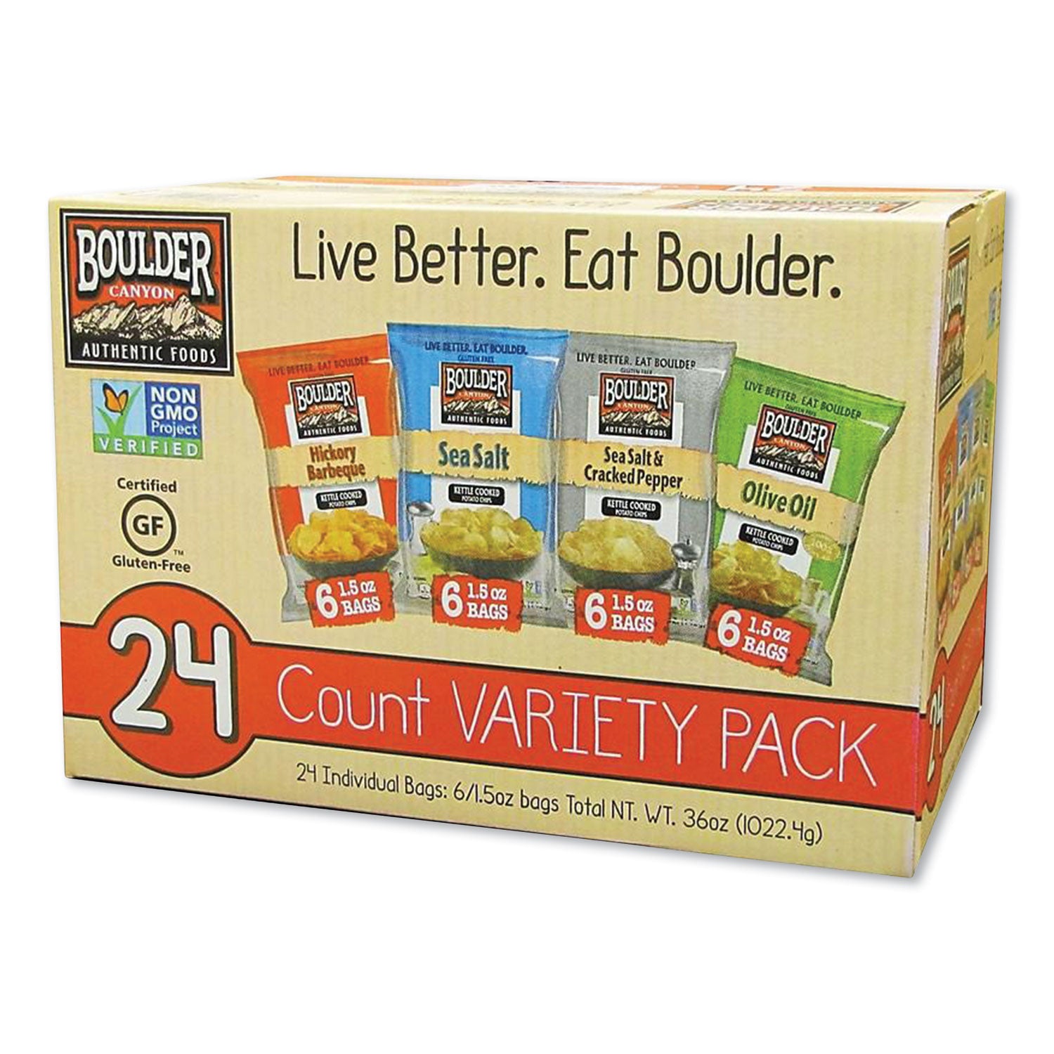 Boulder Canyon® Chips Variety Pack, Hickory Barbeque, Sea Salt, Sea Salt and Cracked Pepper, Olive Oil, 1.5 oz, 24/Carton