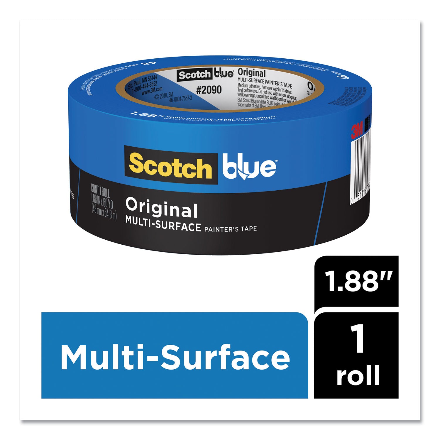 ScotchBlue™ Original Multi-Surface Painter's Tape, 3" Core, 2" x 60 yds, Blue