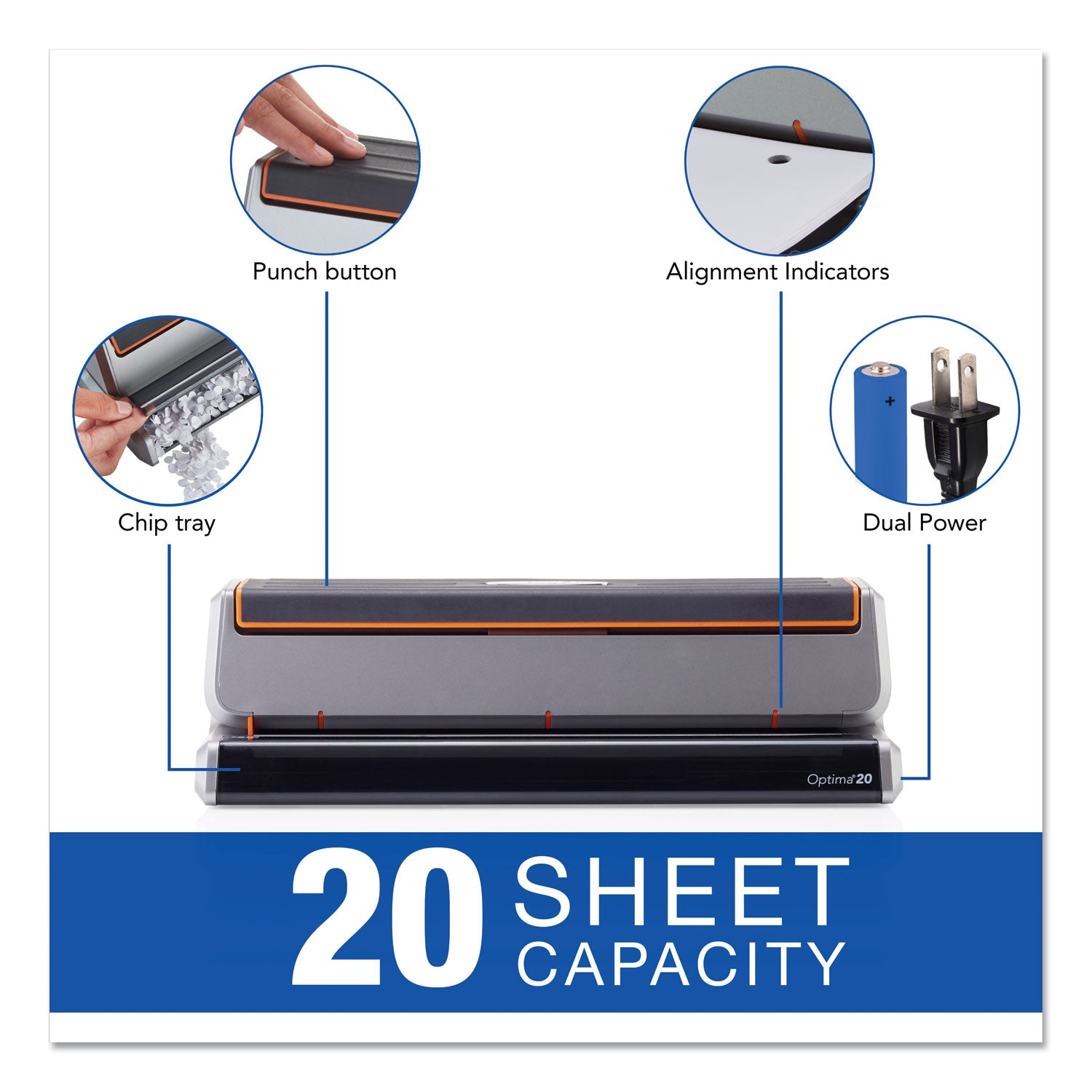 Swingline® 20-Sheet Optima 20 Electric Punch, Three-Hole, 9/32" Holes, Silver/Black