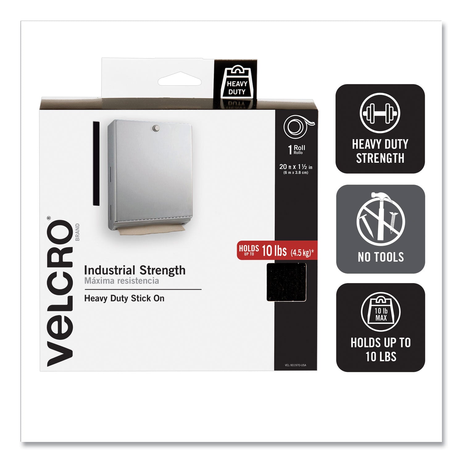 VELCRO® Brand Industrial-Strength Heavy-Duty Fasteners with Dispenser Box, 2" x 15 ft, Black