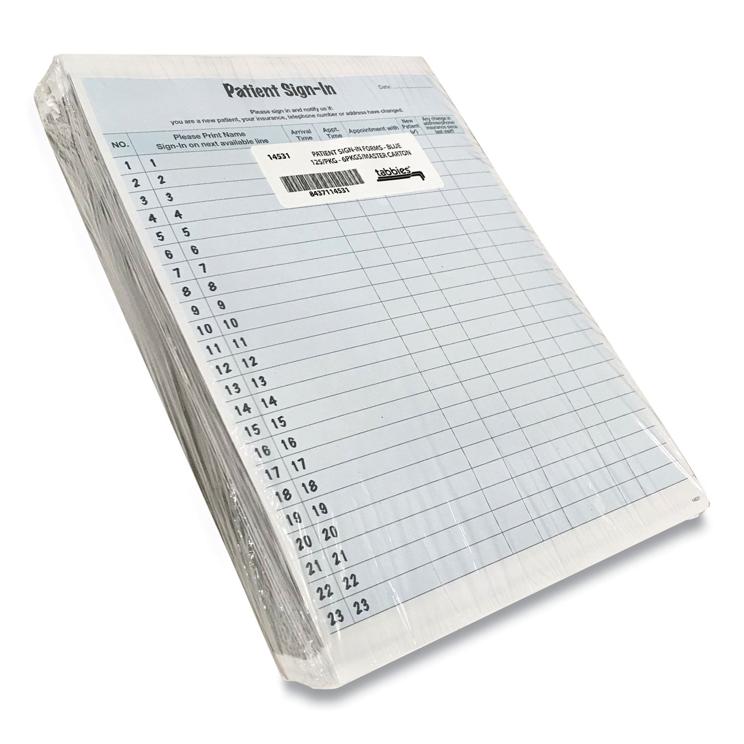 Tabbies® Patient Sign-In Label Forms, Two-Part Carbon, 8.5 x 11.63, Blue Sheets, 125 Forms Total