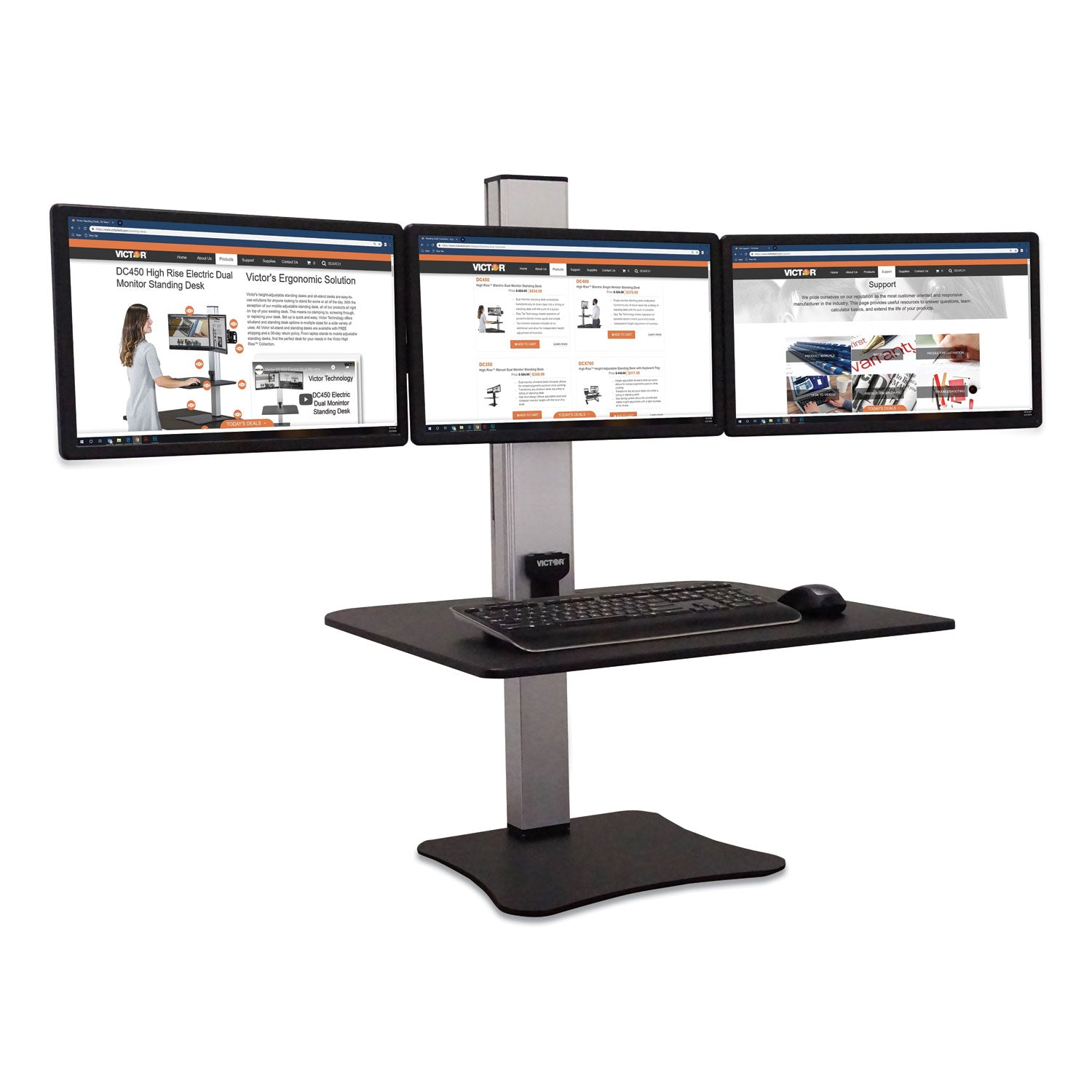 High Rise Electric Triple Monitor Standing Desk Workstation, 28 x 23 x 20, Black/Aluminum
