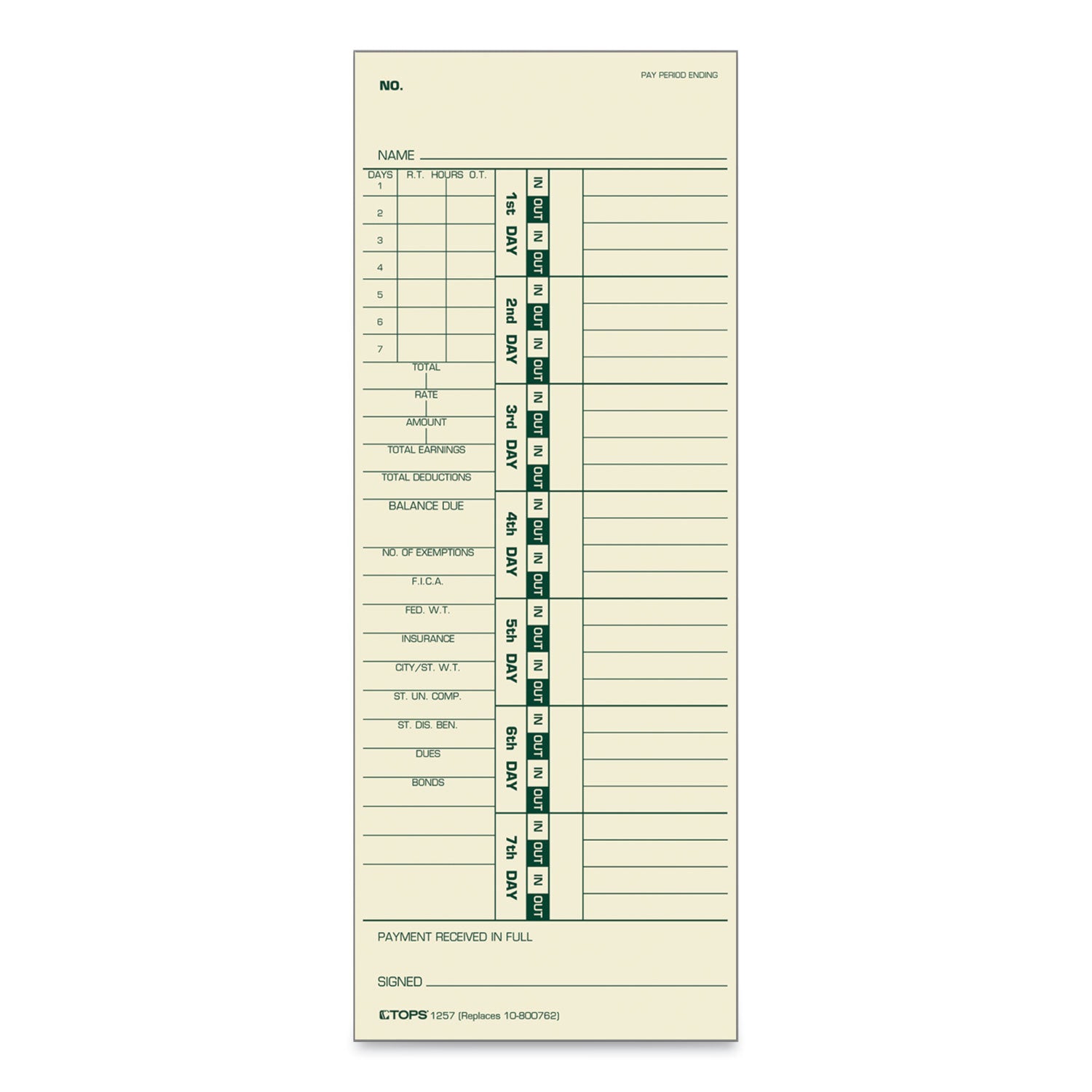 TOPS™ Time Clock Cards, Replacement for 10-800762, Two Sides, 3.5 x 9, 500/Box