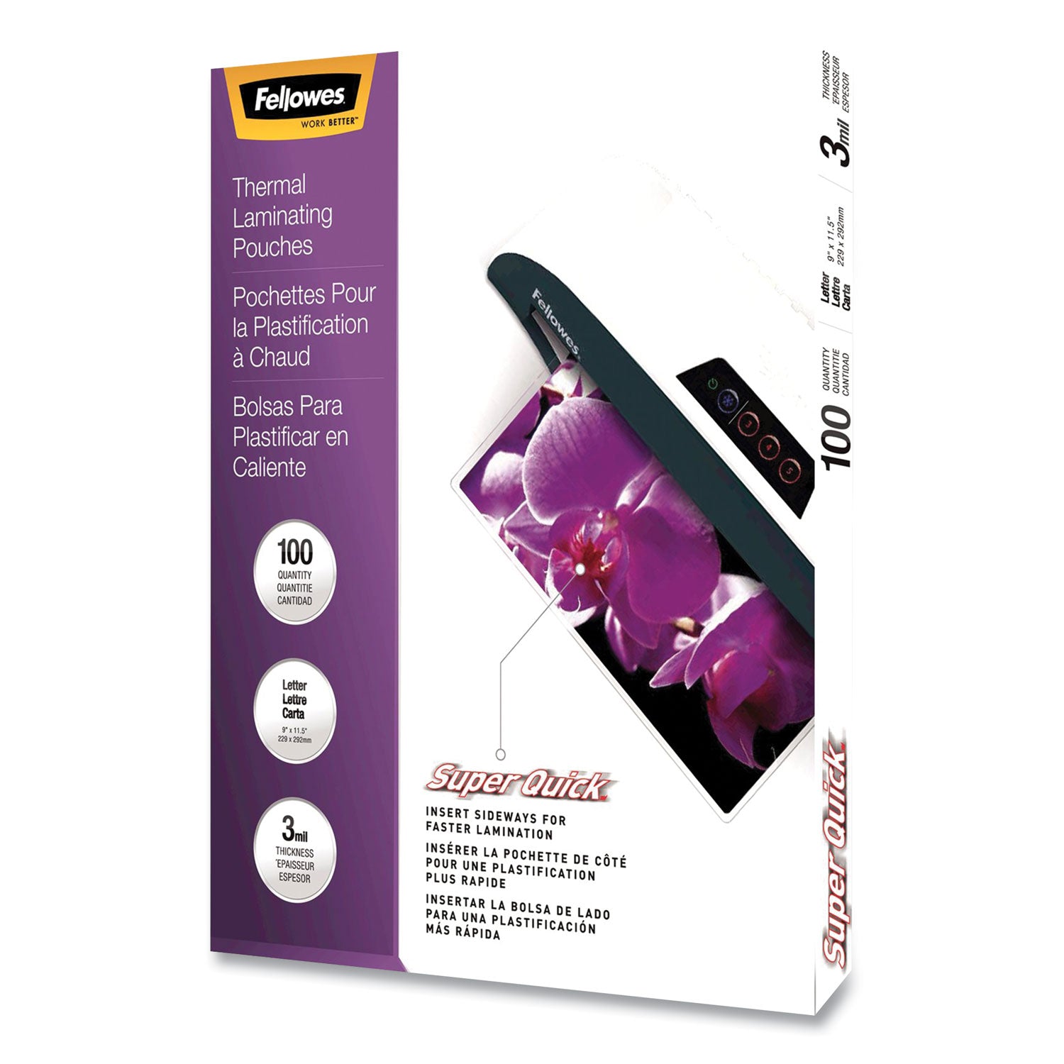 SuperQuick Thermal Laminating Pouches, 3 mil, 9" x 11.5", Gloss Clear, 100/Pack Fellowes® Flipcost