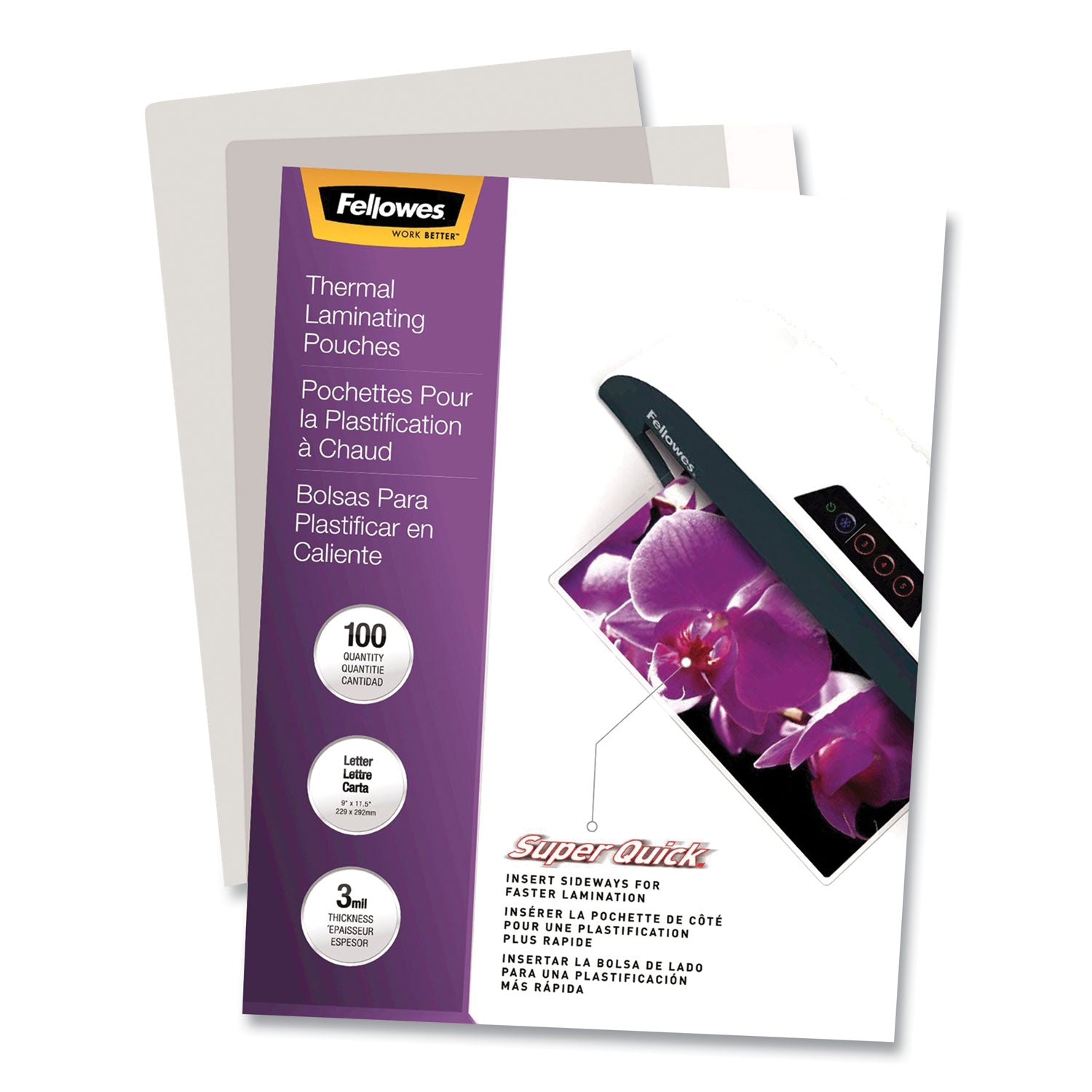 SuperQuick Thermal Laminating Pouches, 3 mil, 9" x 11.5", Gloss Clear, 100/Pack Fellowes® Flipcost