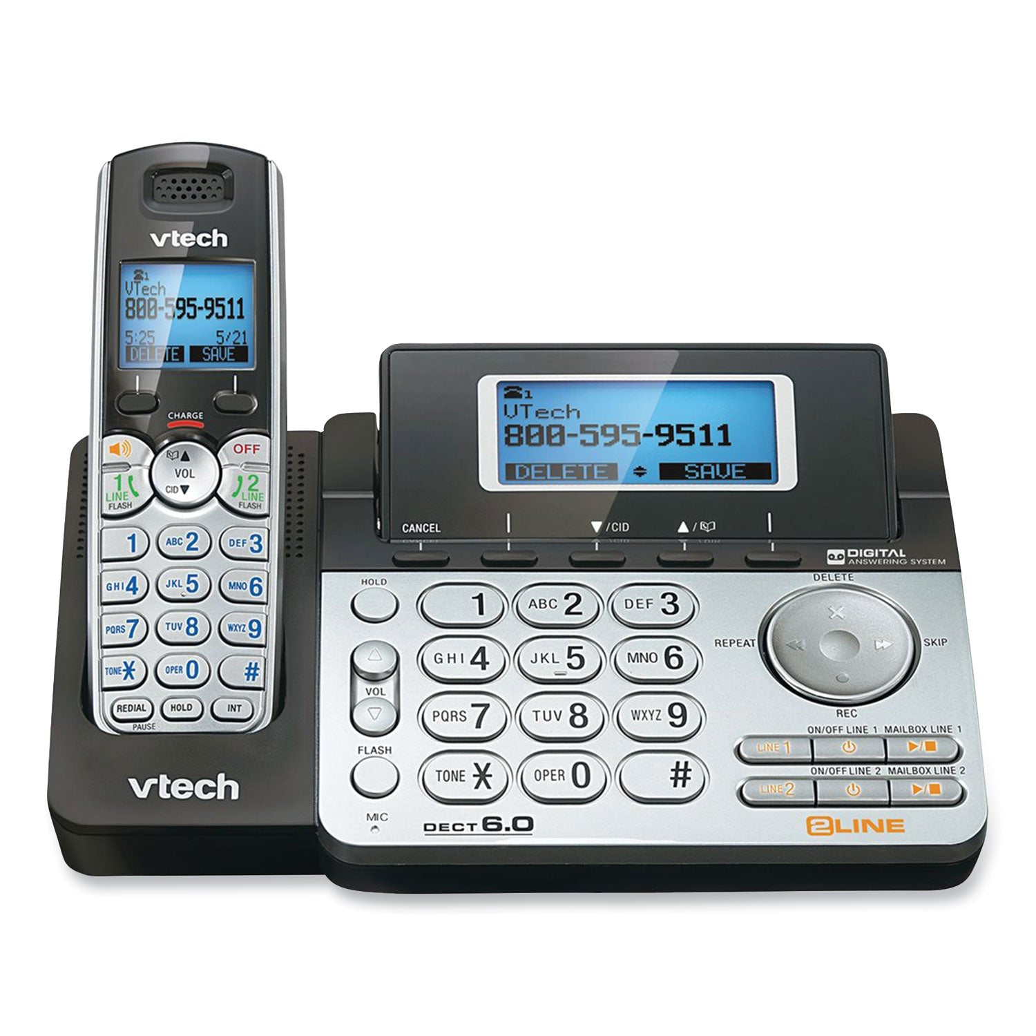 Vtech® DS6151-2 Two-Handset Two-Line Cordless Phone with Answering System, Black/Silver