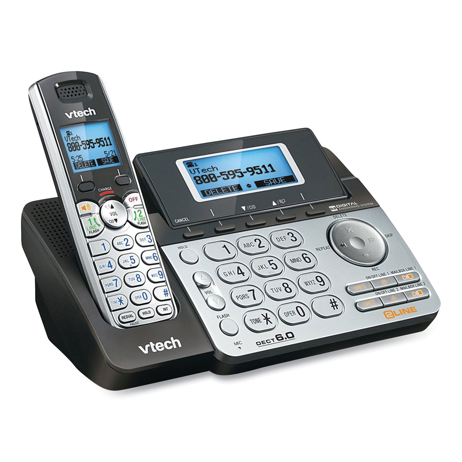 Vtech® DS6151-2 Two-Handset Two-Line Cordless Phone with Answering System, Black/Silver