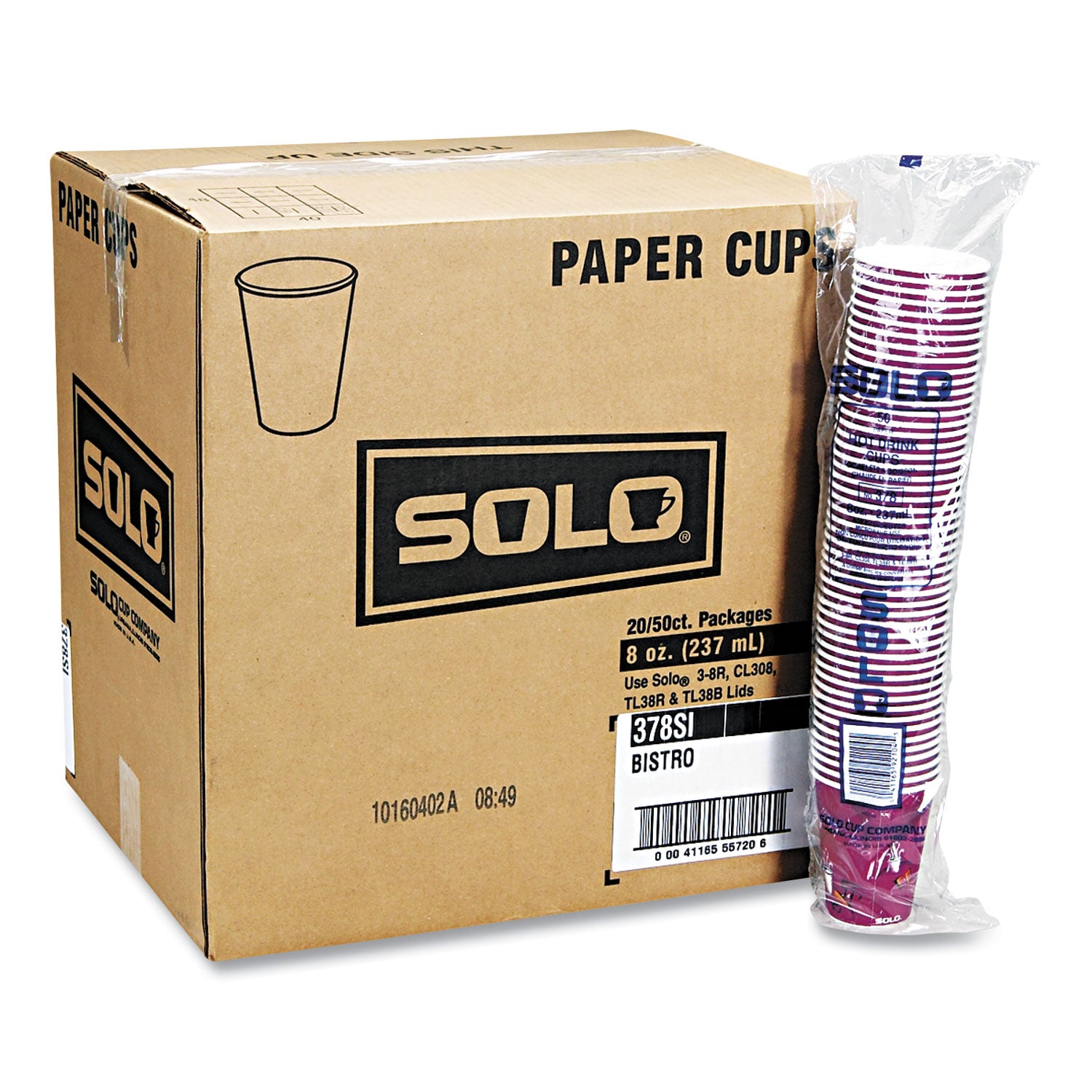 SOLO® Paper Hot Drink Cups in Bistro Design, 10 oz, Maroon, 1,000/Carton