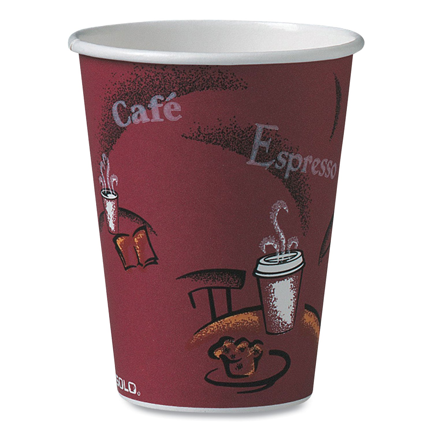 Paper Hot Drink Cups in Bistro Design, 12 oz, Maroon, 50/Bag, 20 Bags/Carton