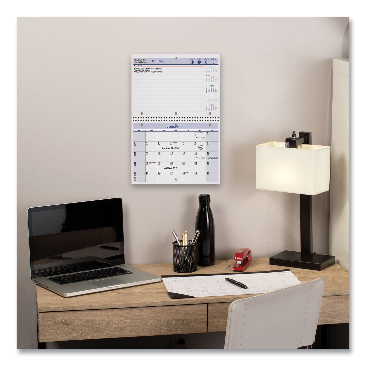 AT-A-GLANCE® QuickNotes Desk/Wall Calendar, 3-Hole Punched, 11 x 8, White/Blue/Yellow Sheets, 12-Month (Jan to Dec): 2025