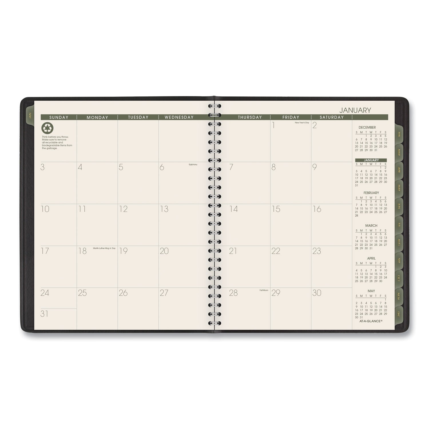 AT-A-GLANCE® Recycled Monthly Planner with Perforated Memo Section, 8.75 x 7, Black Cover, 12-Month (Jan to Dec): 2025