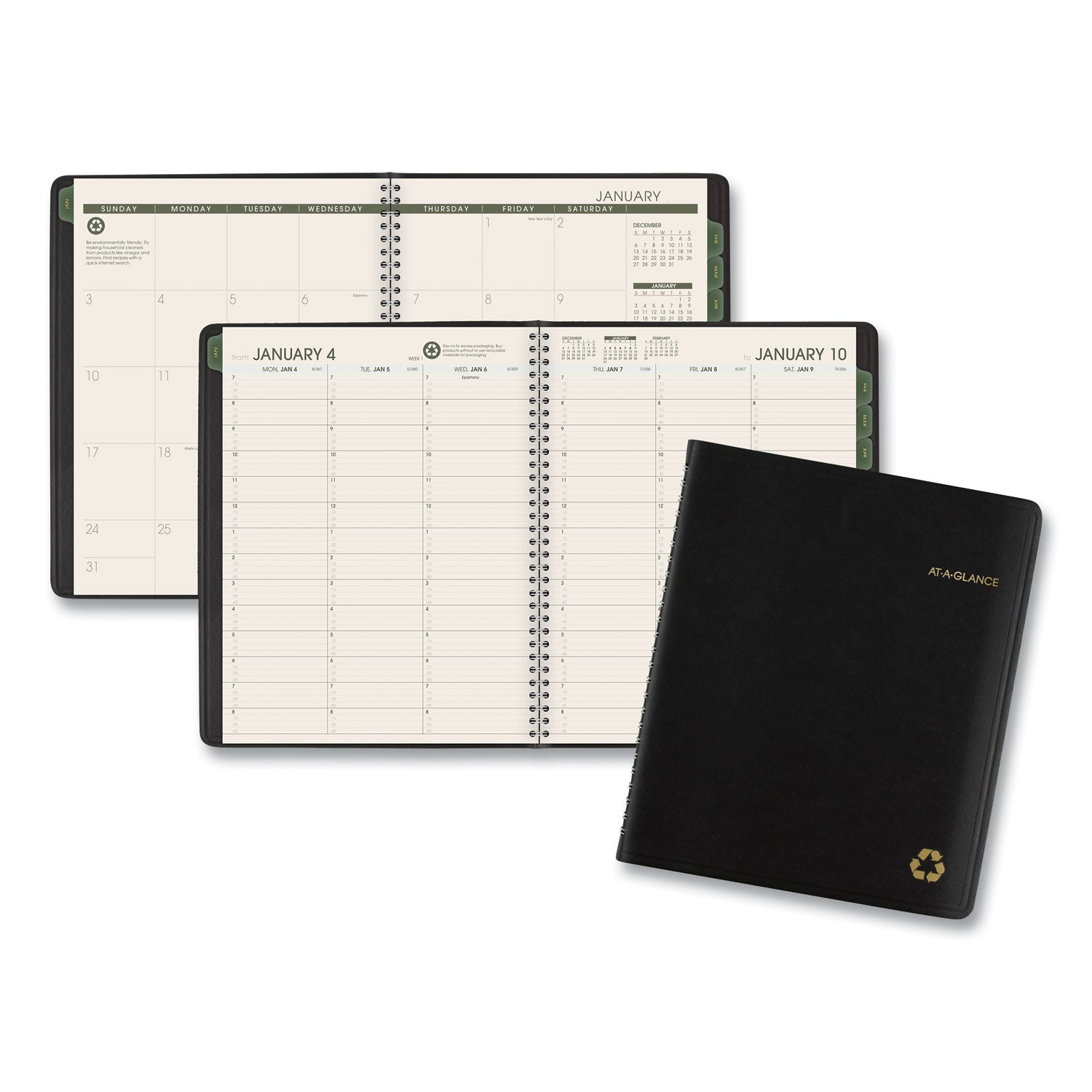 Recycled Weekly Vertical-Column Format Appointment Book, 8.75 x 7, Black Cover, 12-Month (Jan to Dec): 2025