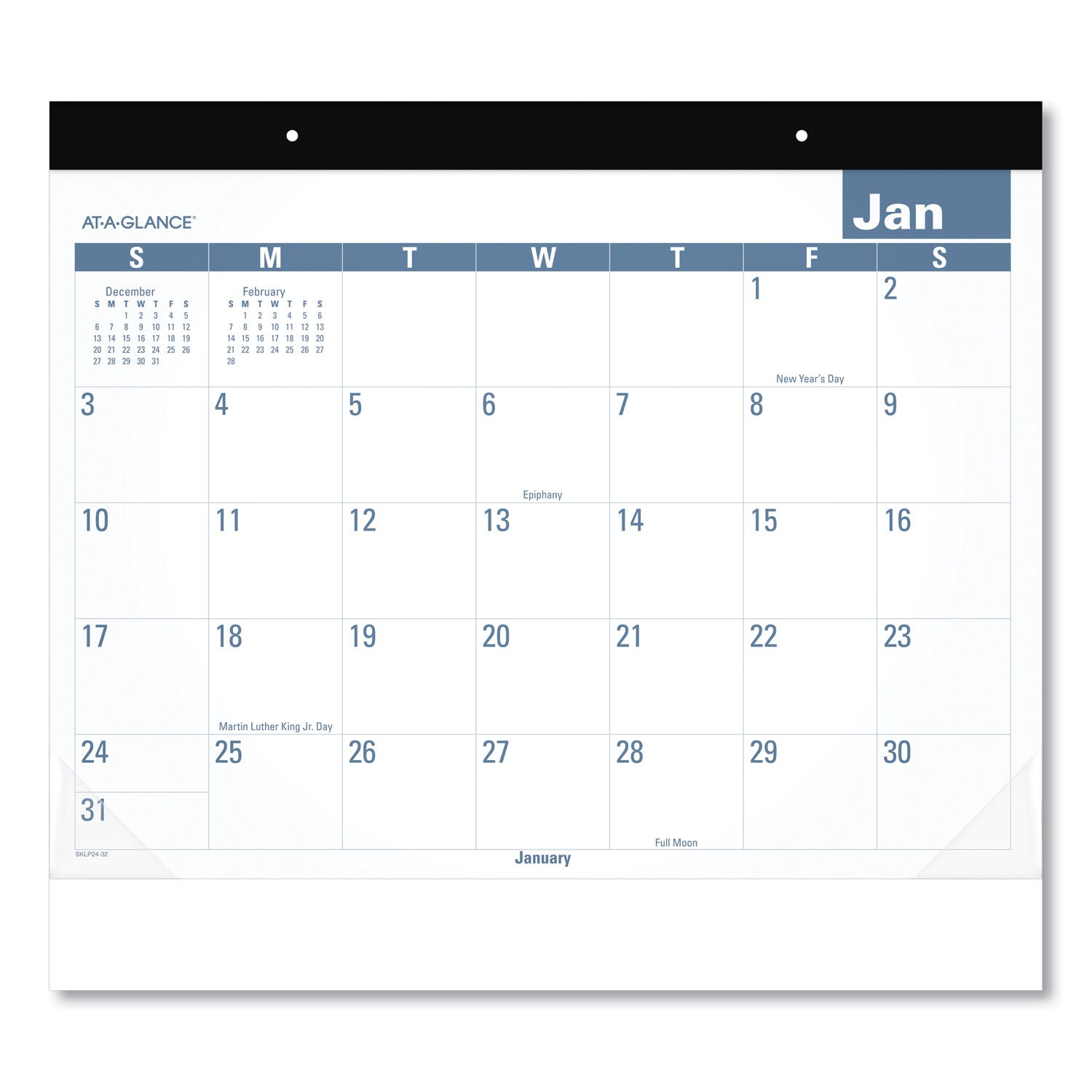 Easy-to-Read Monthly Desk Pad, 22 x 17, White/Blue Sheets, Black Binding, Clear Corners, 12-Month (Jan to Dec): 2025