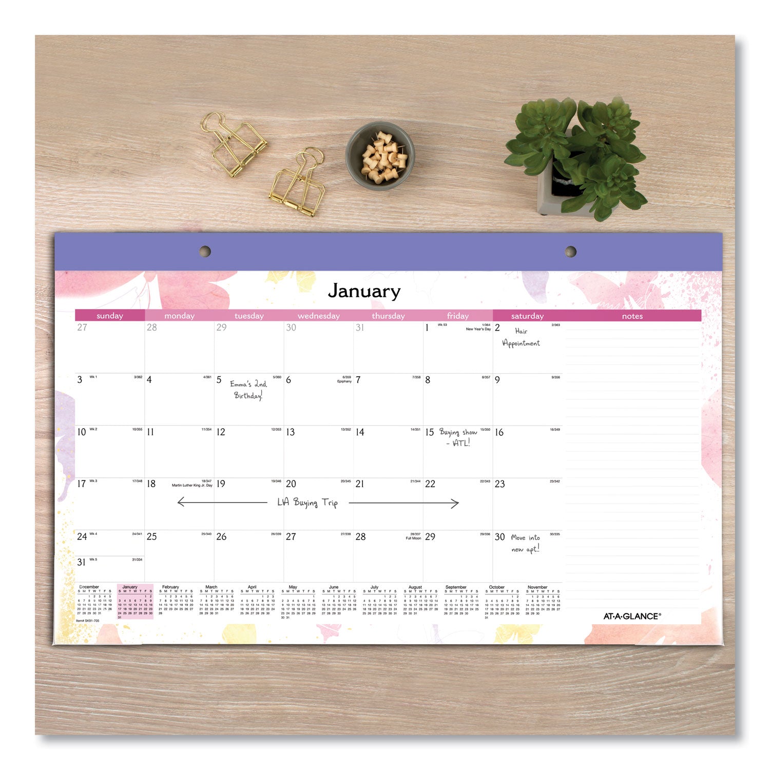 AT-A-GLANCE® Watercolors Monthly Desk Pad Calendar, Butterfly Artwork, 17.75 x 11, White Sheets, Purple Binding, 12-Month (Jan-Dec): 2025