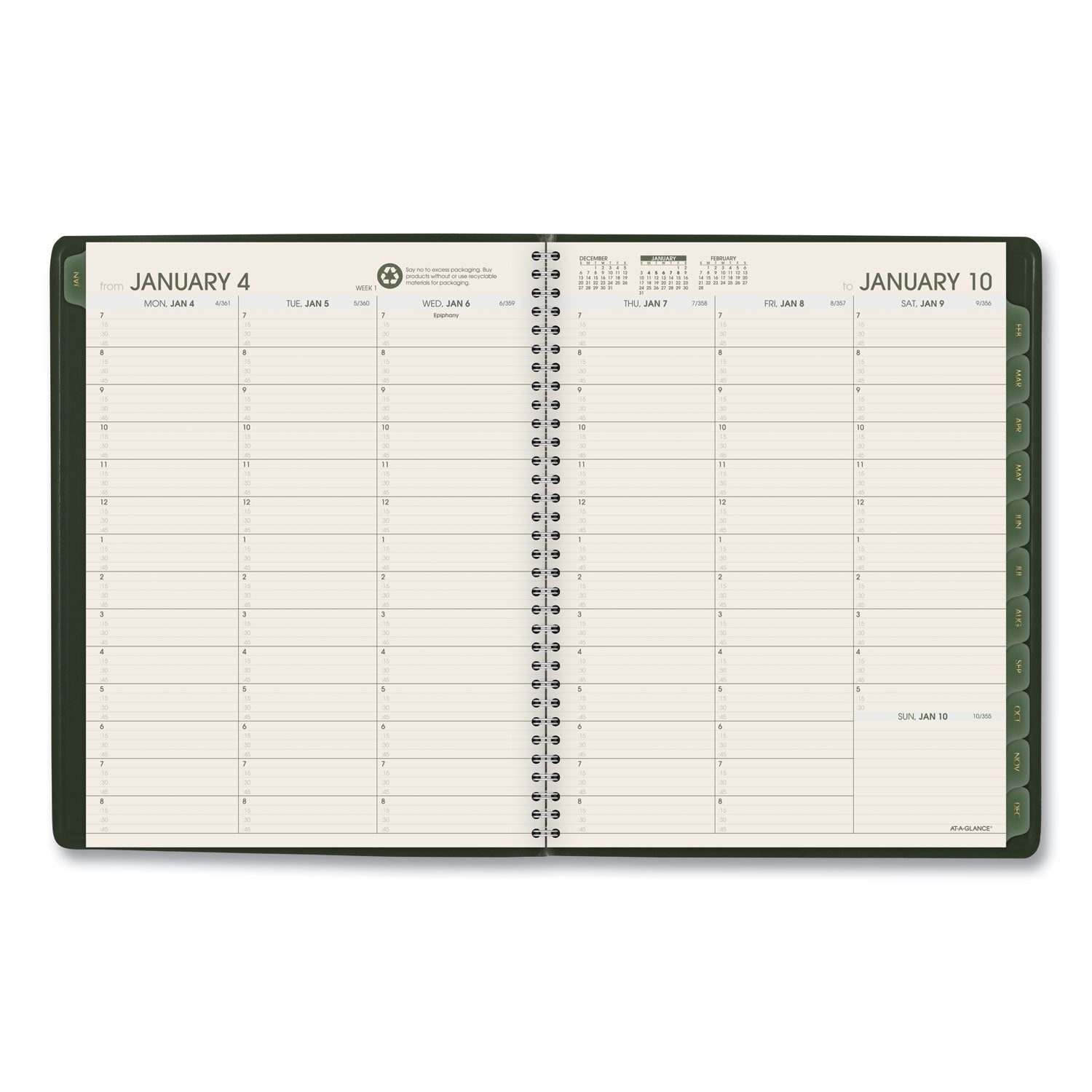 AT-A-GLANCE® Recycled Weekly Vertical-Column Format Appointment Book, 11 x 8.25, Green Cover, 12-Month (Jan to Dec): 2025