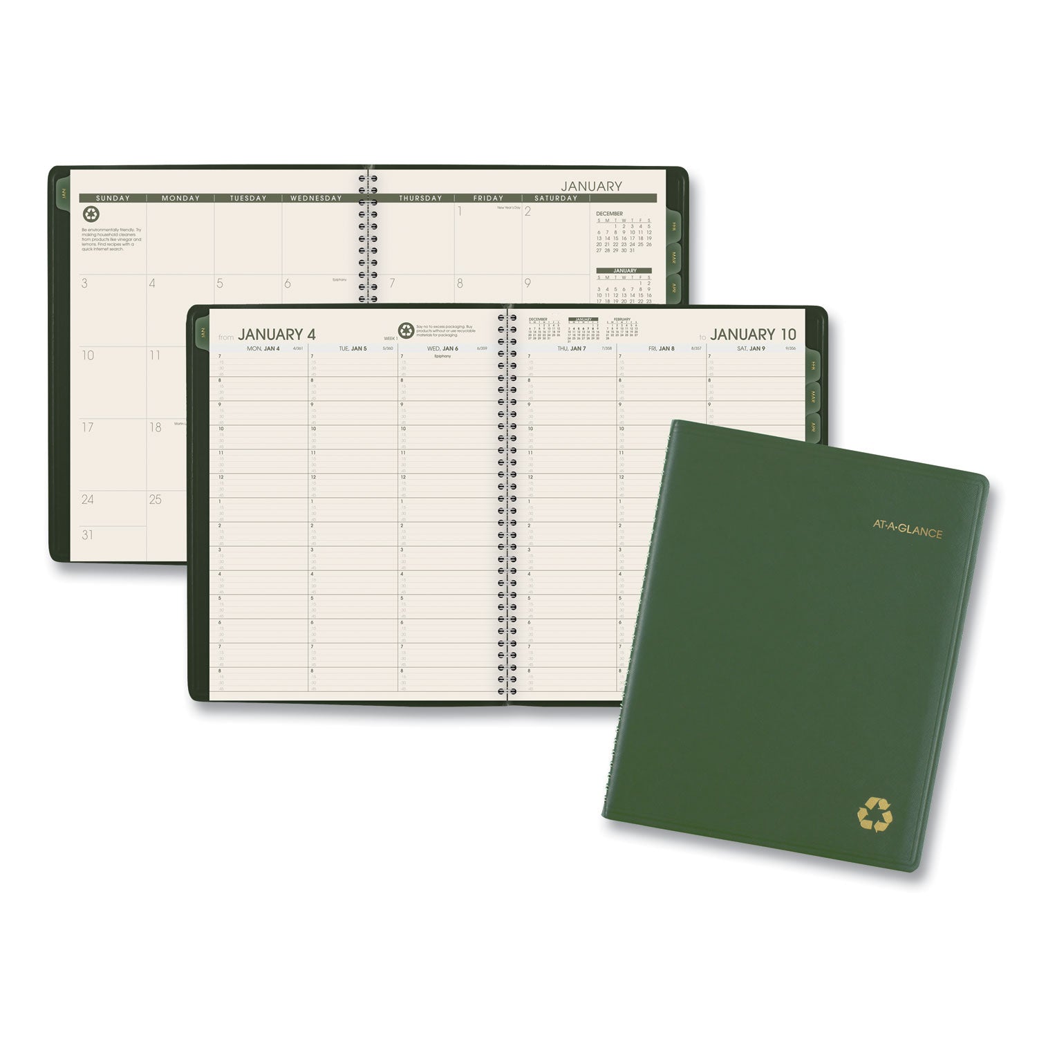 Recycled Weekly Vertical-Column Format Appointment Book, 11 x 8.25, Green Cover, 12-Month (Jan to Dec): 2025