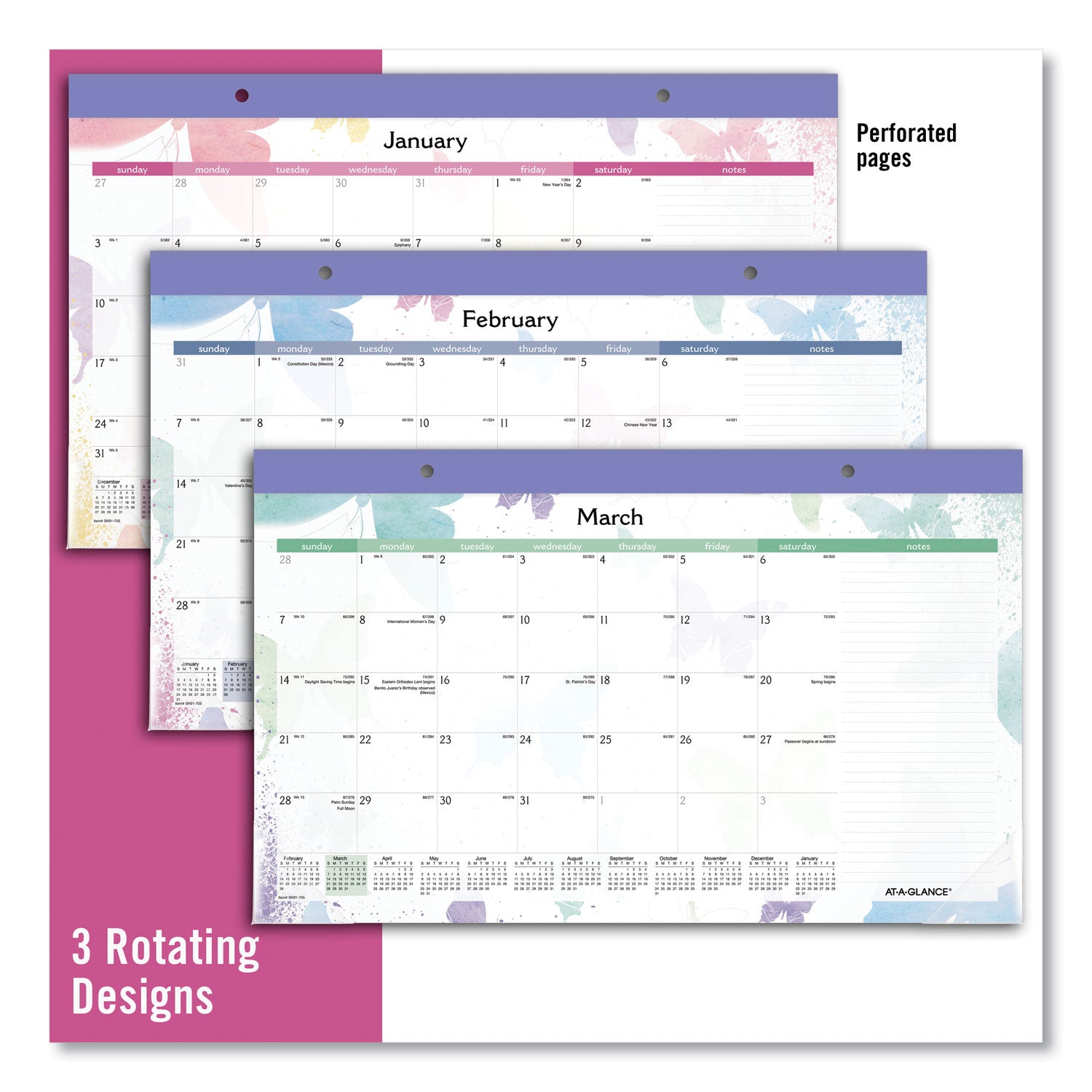 AT-A-GLANCE® Watercolors Monthly Desk Pad Calendar, Butterfly Artwork, 17.75 x 11, White Sheets, Purple Binding, 12-Month (Jan-Dec): 2025