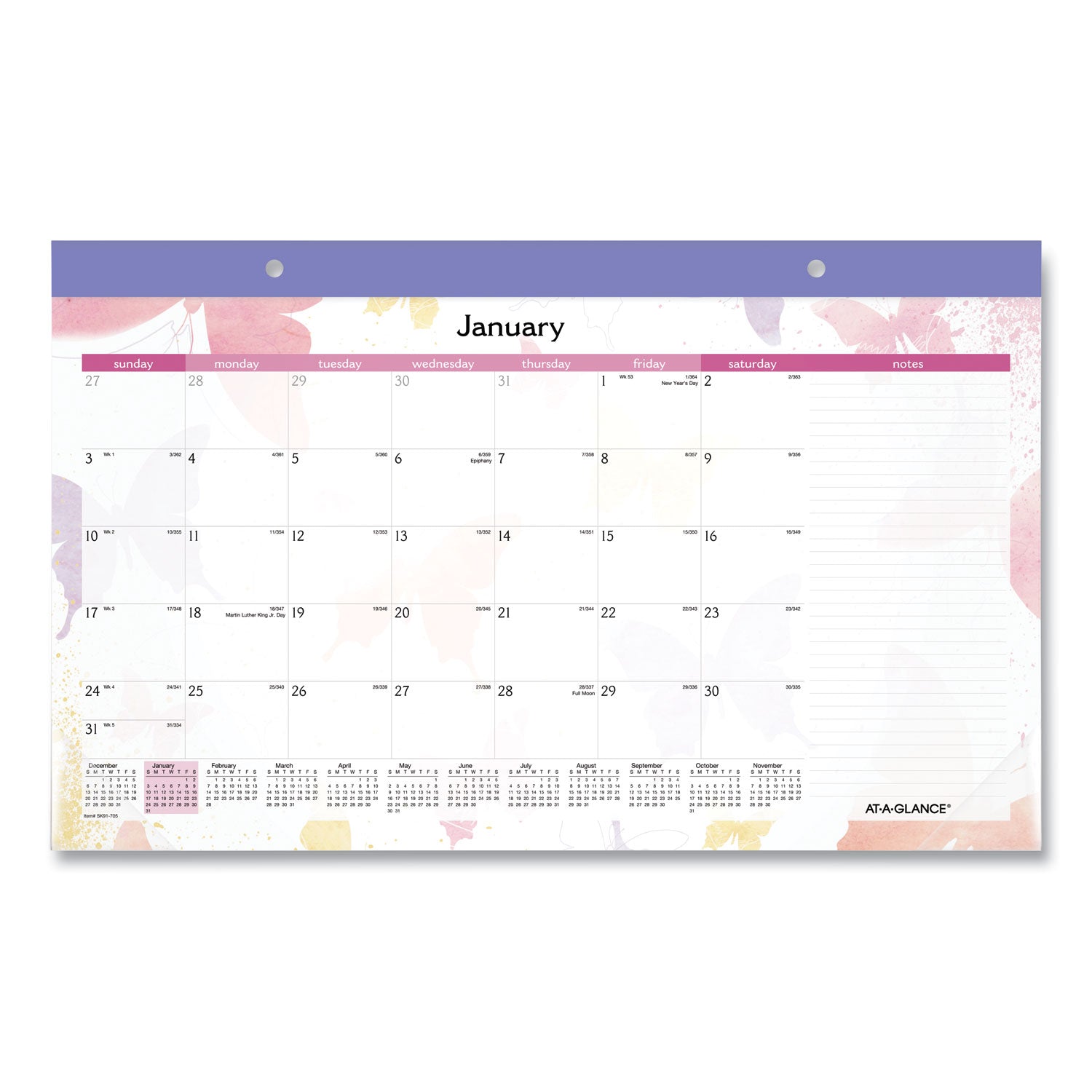 Watercolors Monthly Desk Pad Calendar, Butterfly Artwork, 17.75 x 11, White Sheets, Purple Binding, 12-Month (Jan-Dec): 2025