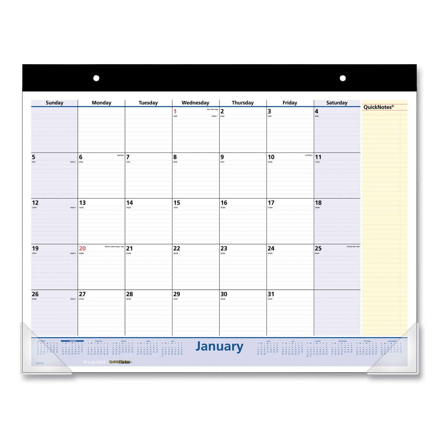 QuickNotes Desk Pad, 22 x 17, White/Blue/Yellow Sheets, Black Binding, Clear Corners, 13-Month: Jan 2025 to Jan 2026