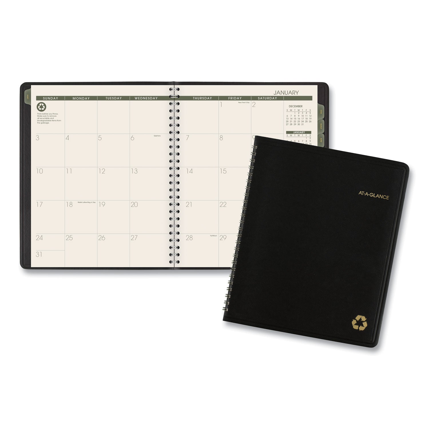 Recycled Monthly Planner with Perforated Memo Section, 8.75 x 7, Black Cover, 12-Month (Jan to Dec): 2025