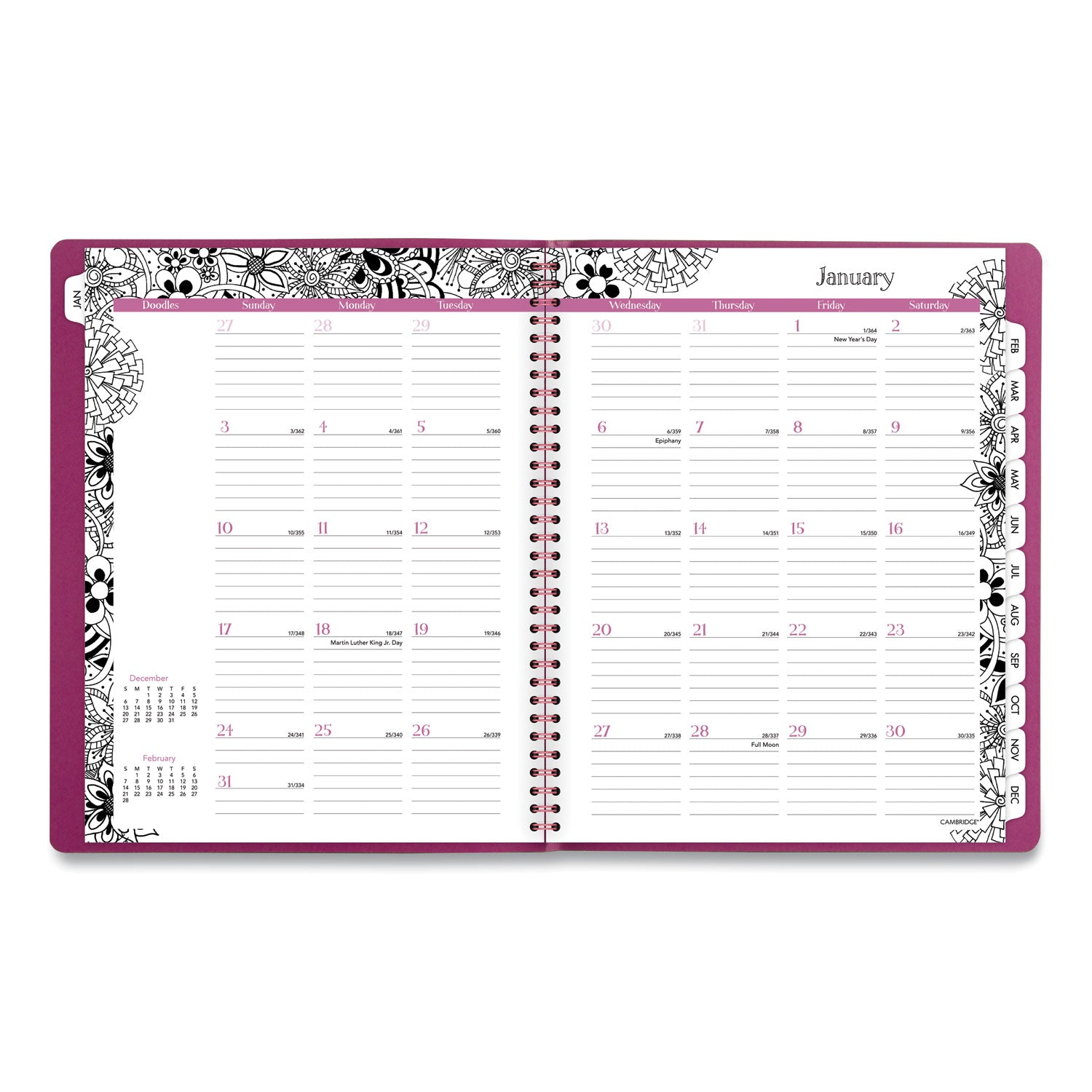 Cambridge® Floradoodle Weekly/Monthly Professional Planner, Floral Artwork, 11 x 8.5, Black/White Cover, 12-Month (Jan-Dec): 2025