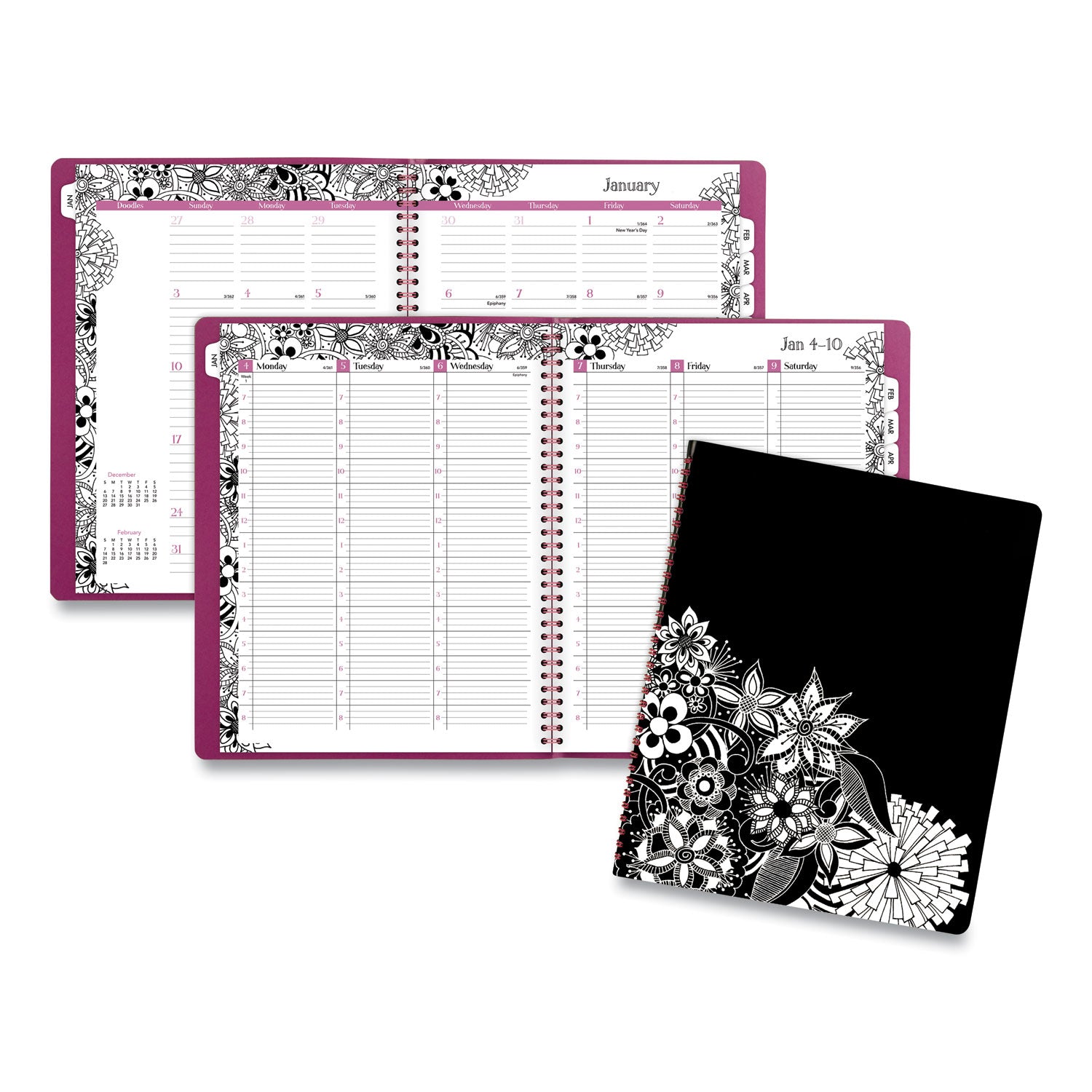 Floradoodle Weekly/Monthly Professional Planner, Floral Artwork, 11 x 8.5, Black/White Cover, 12-Month (Jan-Dec): 2025