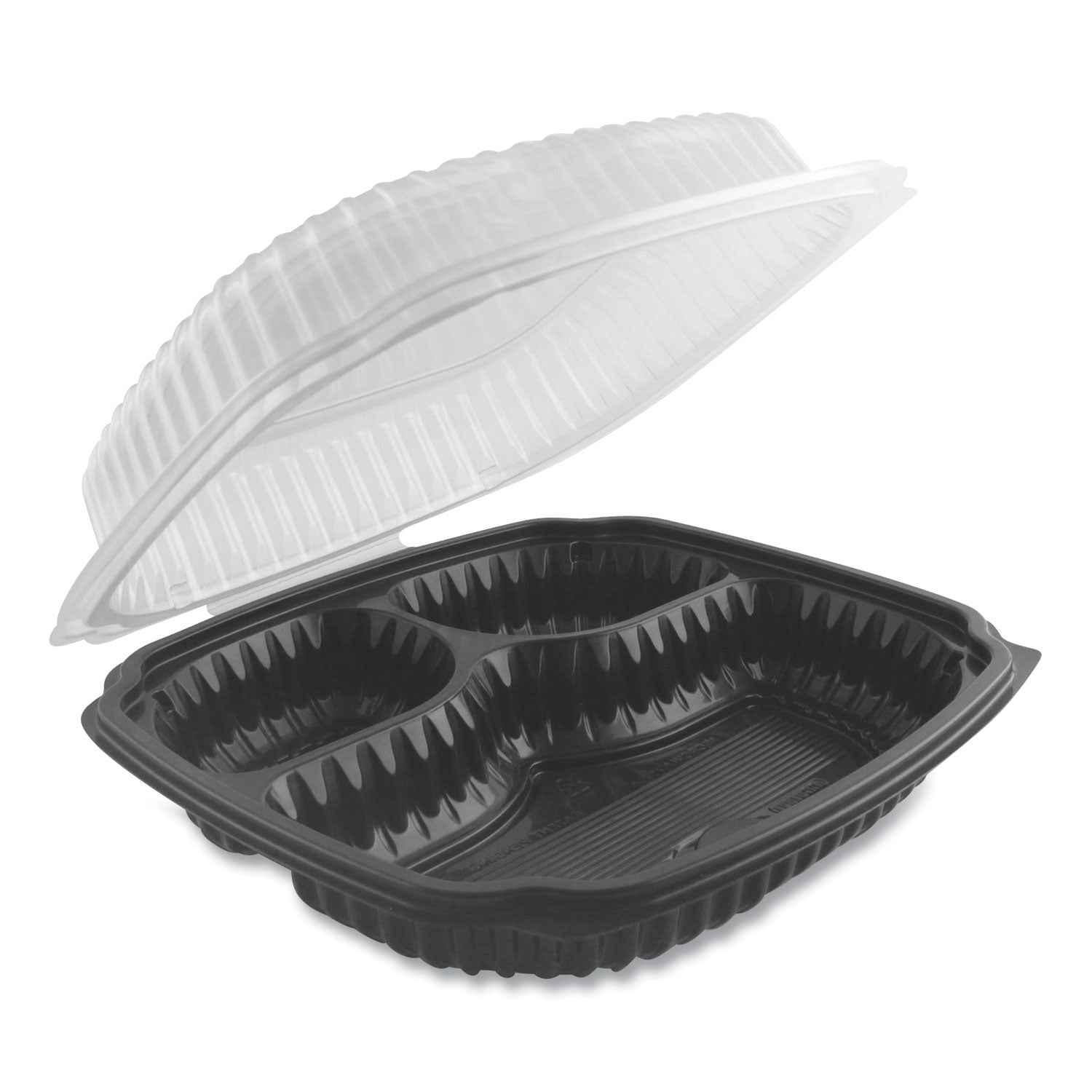 Culinary Lites Microwavable 3-Compartment Container, 26 oz/7 oz/7 oz, 10.56 x 9.98 x 3.19, Clear/Black, Plastic, 100/Carton