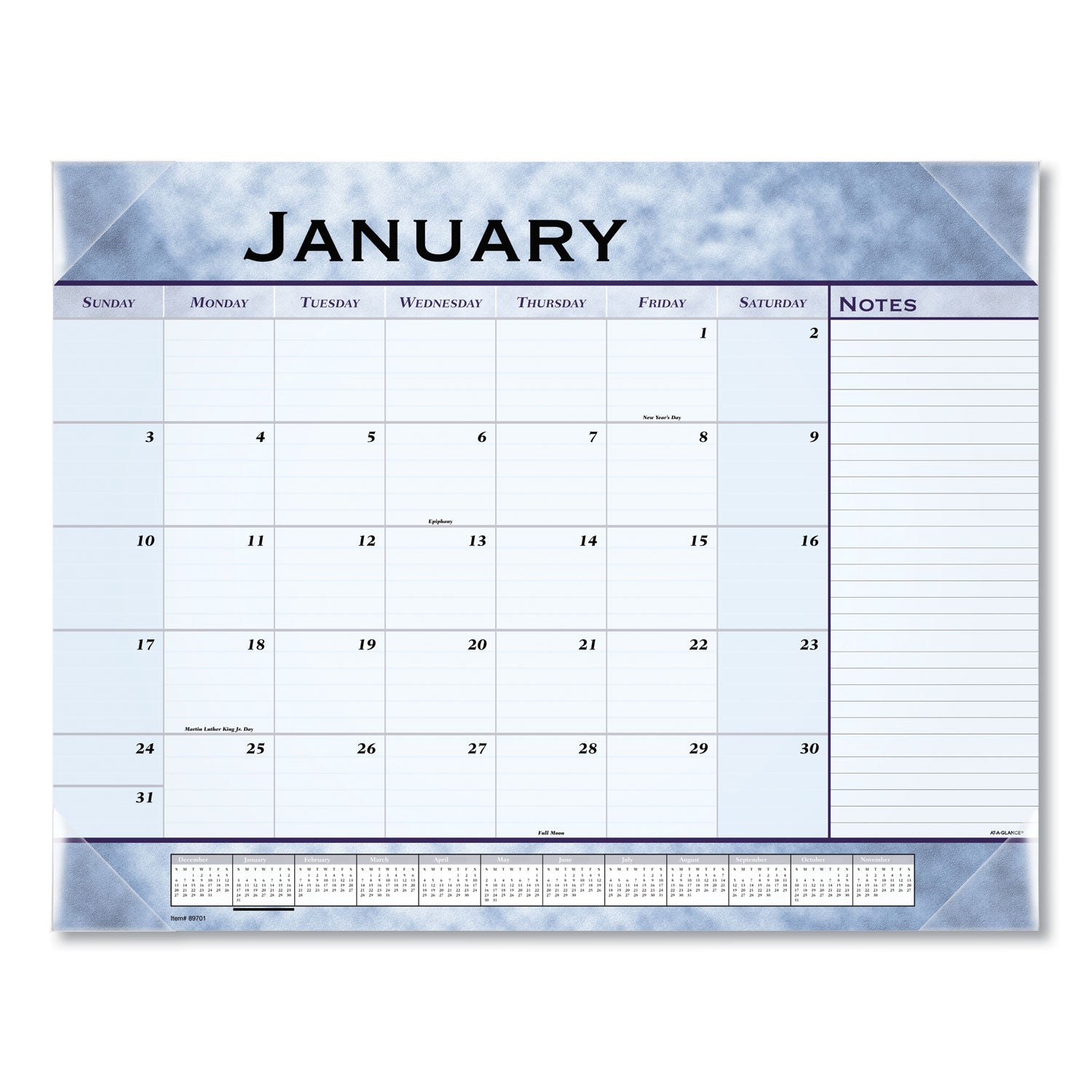 Slate Blue Desk Pad, 22 x 17, Blue Sheets, Clear Corners, 12-Month (Jan to Dec): 2025