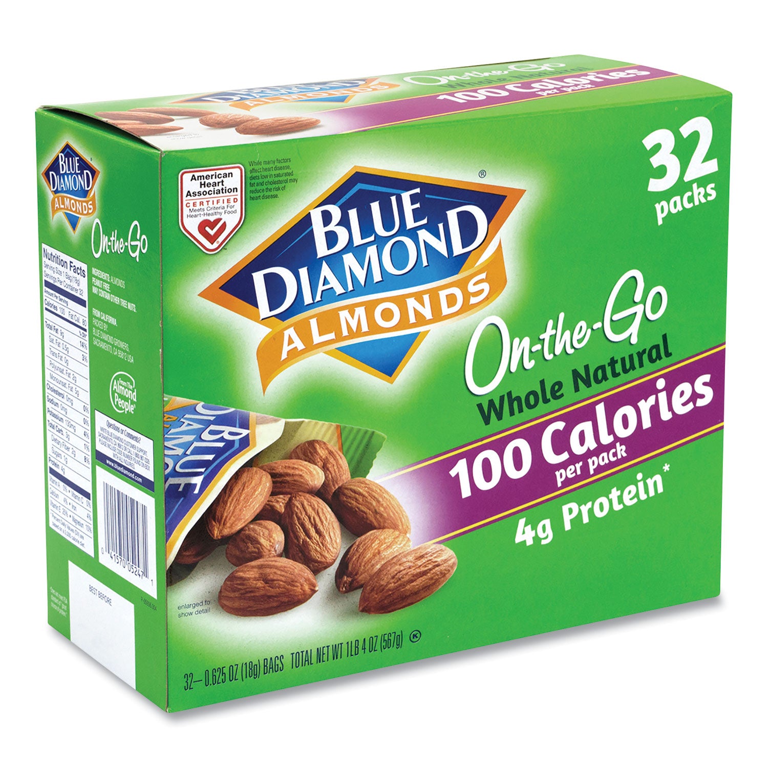 Whole Natural Almonds On-the-Go, 0.63 oz Pouch, 32 Pouches/Carton