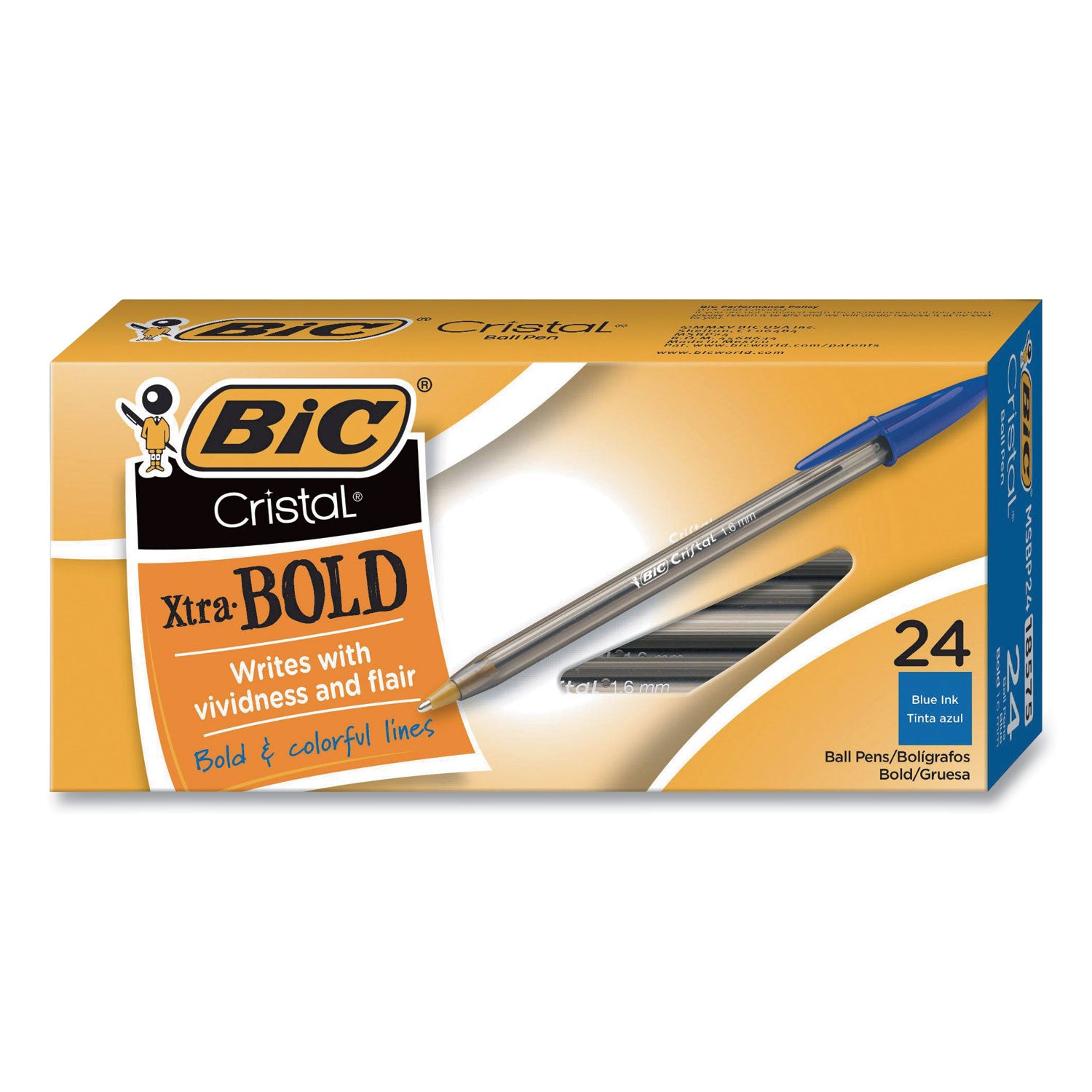 BIC® Cristal Xtra Bold Ballpoint Pen, Stick, Bold 1.6 mm, Blue Ink, Clear Barrel, 24/Pack