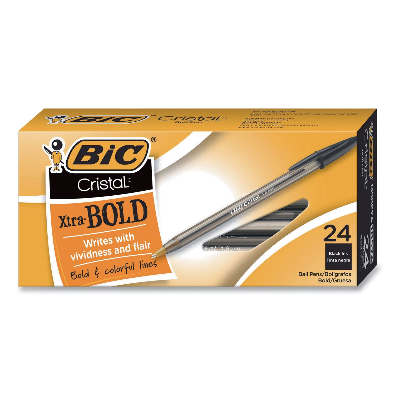 BIC® Cristal Xtra Bold Ballpoint Pen, Stick, Bold 1.6 mm, Black Ink, Clear Barrel, 24/Pack