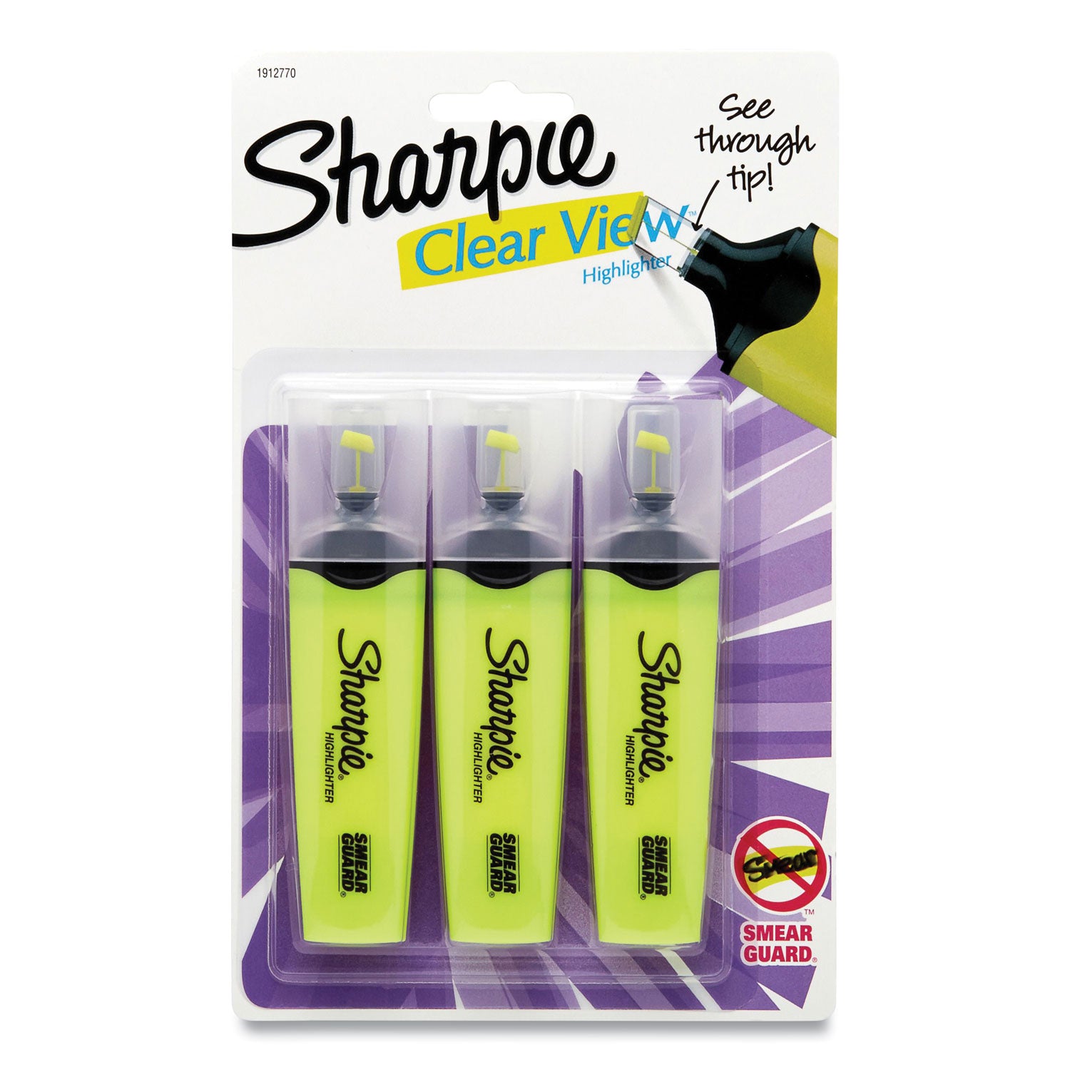 Sharpie® Clearview Tank-Style Highlighter, Yellow Ink, Chisel Tip, Yellow/Black/Clear Barrel, 3/Pack