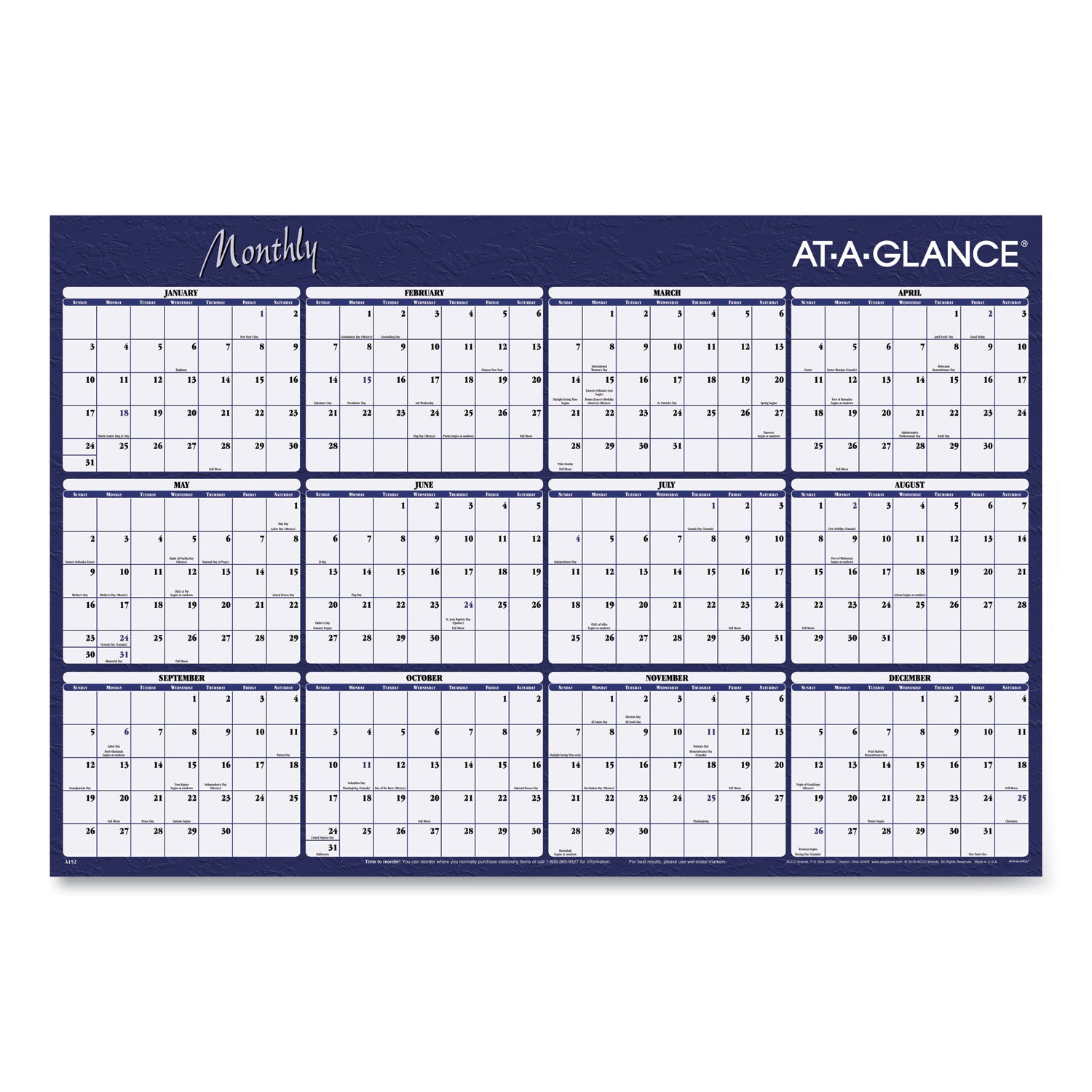 AT-A-GLANCE® Reversible Horizontal Erasable Wall Planner, 48 x 32, Assorted Sheet Colors, 12-Month (Jan to Dec): 2025