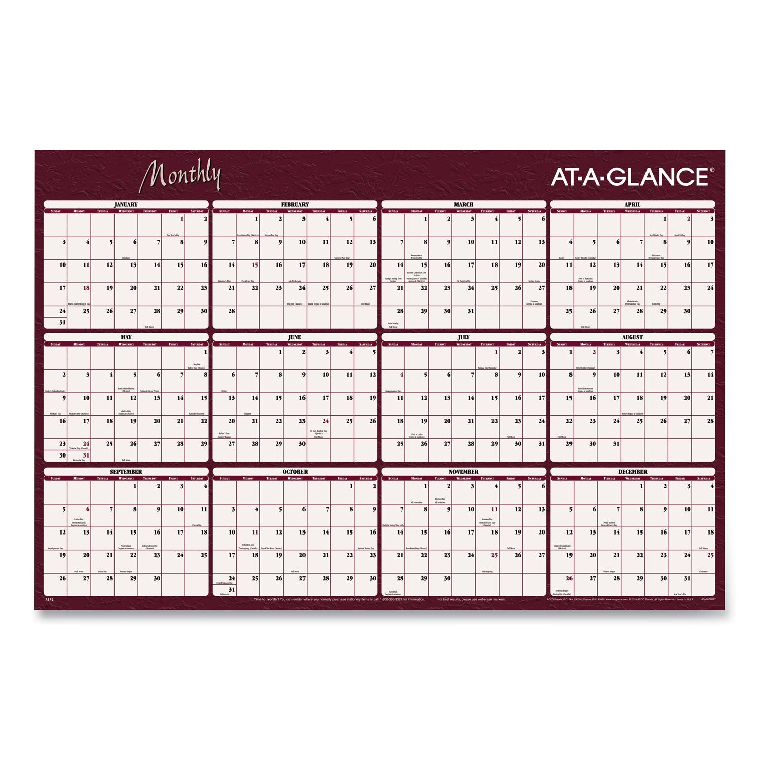 Reversible Horizontal Erasable Wall Planner, 48 x 32, Assorted Sheet Colors, 12-Month (Jan to Dec): 2025