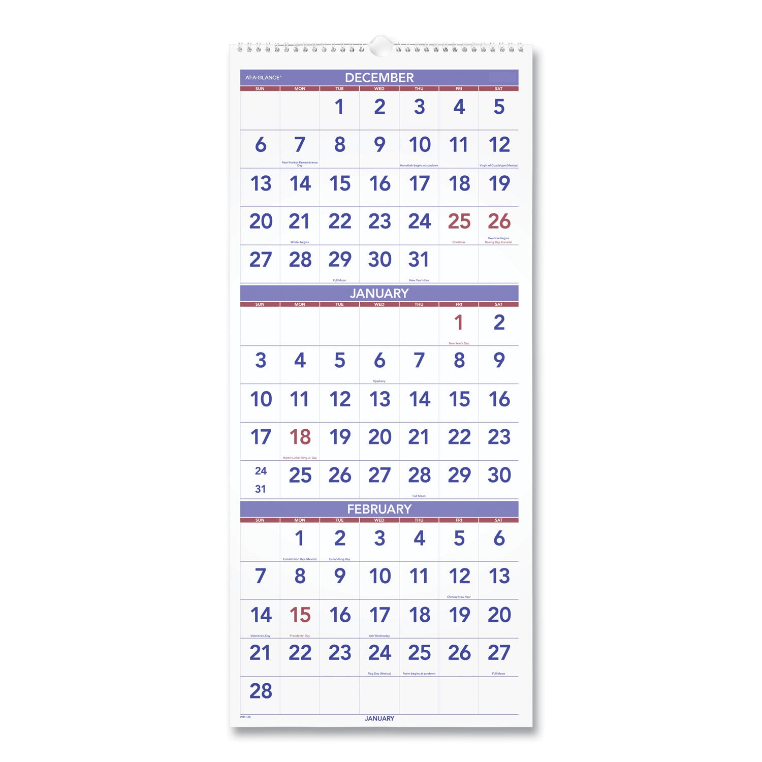 Deluxe Three-Month Reference Wall Calendar, Vertical Orientation, 12 x 27, White Sheets, 14-Month: Dec 2024 to Jan 2026