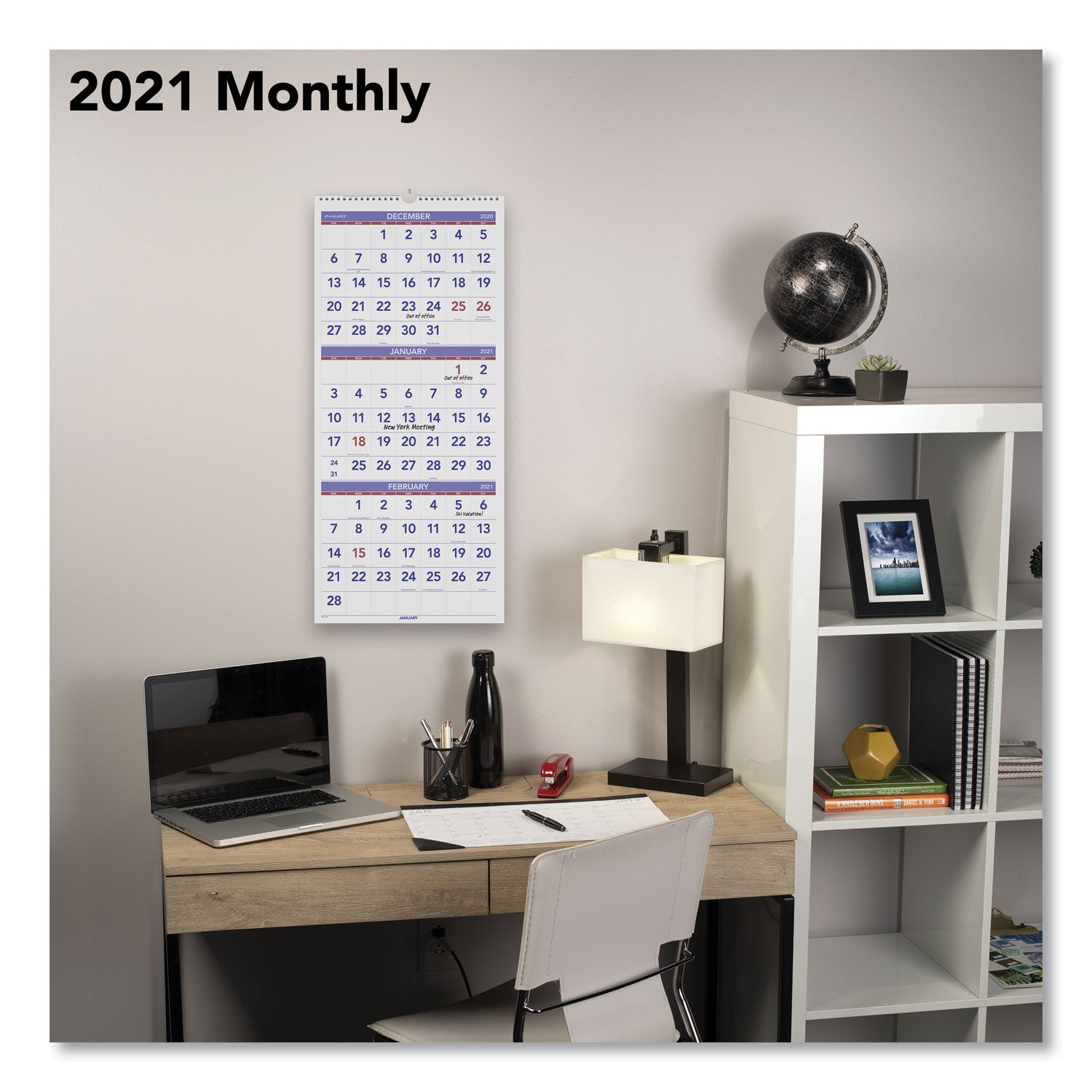 AT-A-GLANCE® Deluxe Three-Month Reference Wall Calendar, Vertical Orientation, 12 x 27, White Sheets, 14-Month: Dec 2024 to Jan 2026