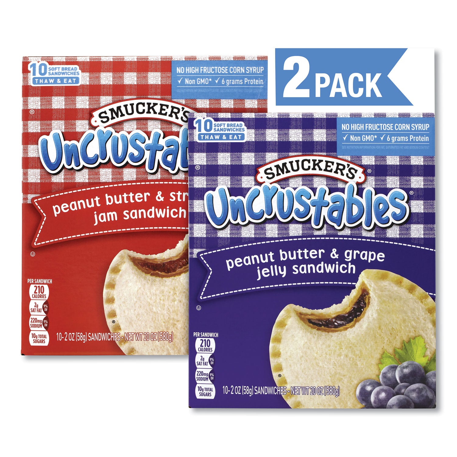 Smucker's® UNCRUSTABLES Soft Bread Sandwiches, Grape/Strawberry, 2 oz, 10 Sandwiches/Pack, 2 Packs/Box