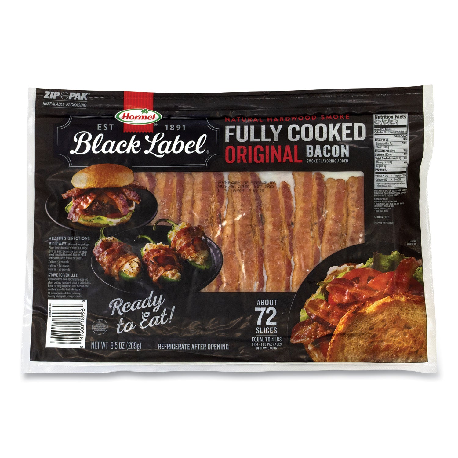 Fully Cooked Bacon, Original, 9.5 oz Package, Approximately 72 Slices/Carton