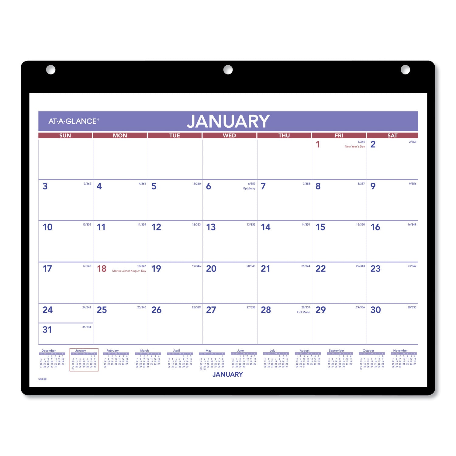 Monthly Desk/Wall Calendar with Plastic Backboard and Bonus Pages, 11 x 8, White/Violet/Red Sheets, 12-Month (Jan-Dec): 2025