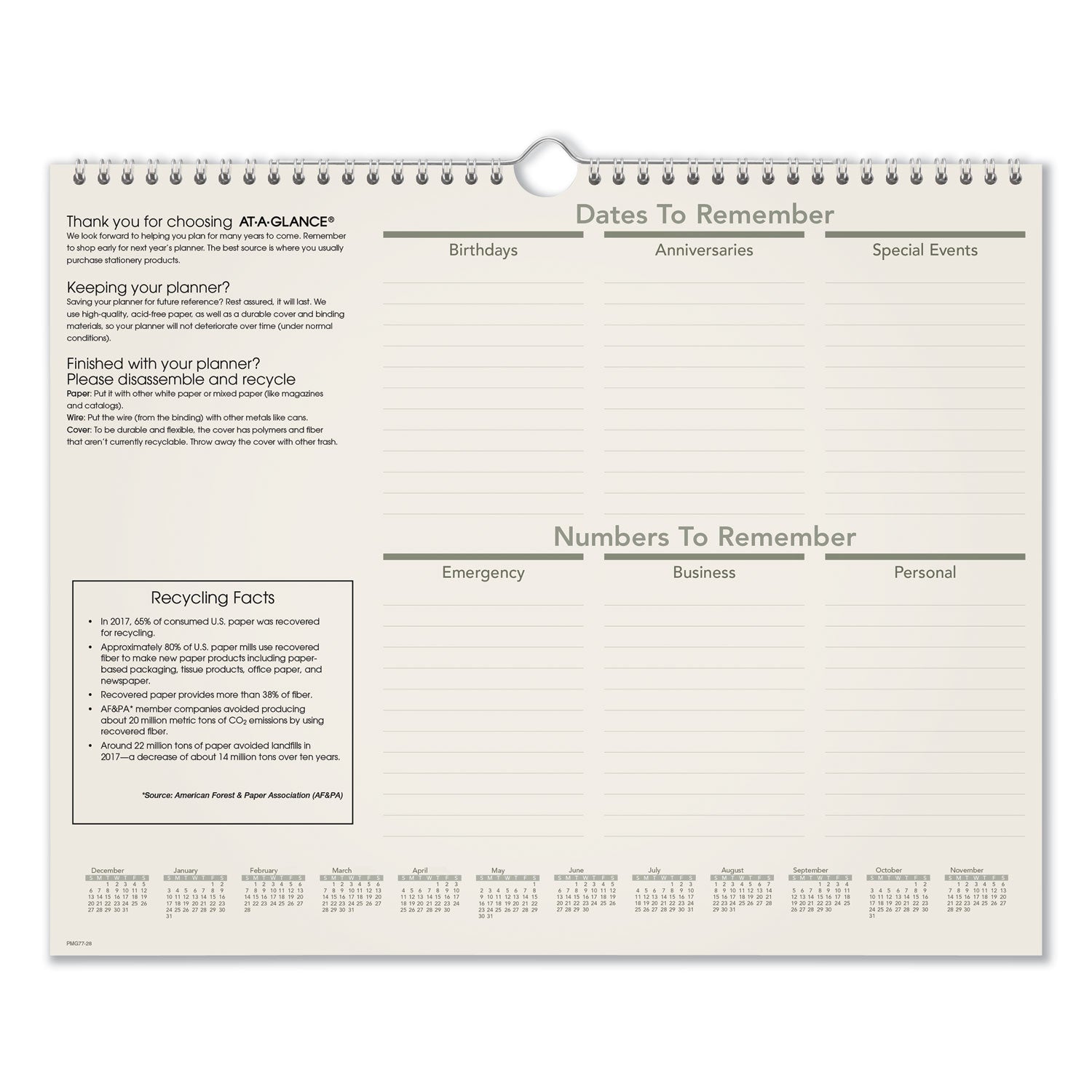 AT-A-GLANCE® Recycled Wall Calendar, Unruled Blocks, 15 x 12, Sand/Green Sheets, 12-Month (Jan to Dec): 2025