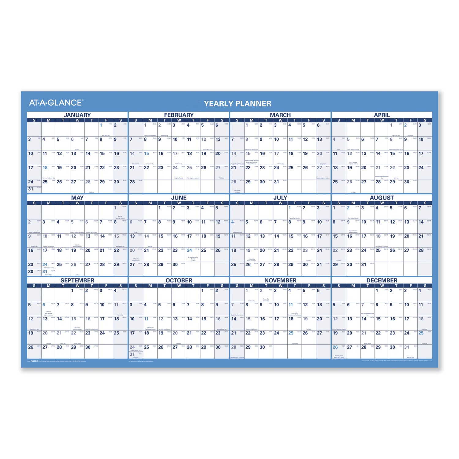 Horizontal Reversible/Erasable Wall Planner, 36 x 24, White/Blue Sheets, 12-Month (Jan to Dec): 2025