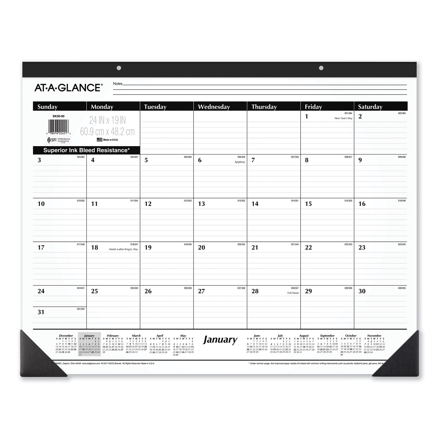 Ruled Desk Pad, 24 x 19, White Sheets, Black Binding, Black Corners, 12-Month (Jan to Dec): 2025