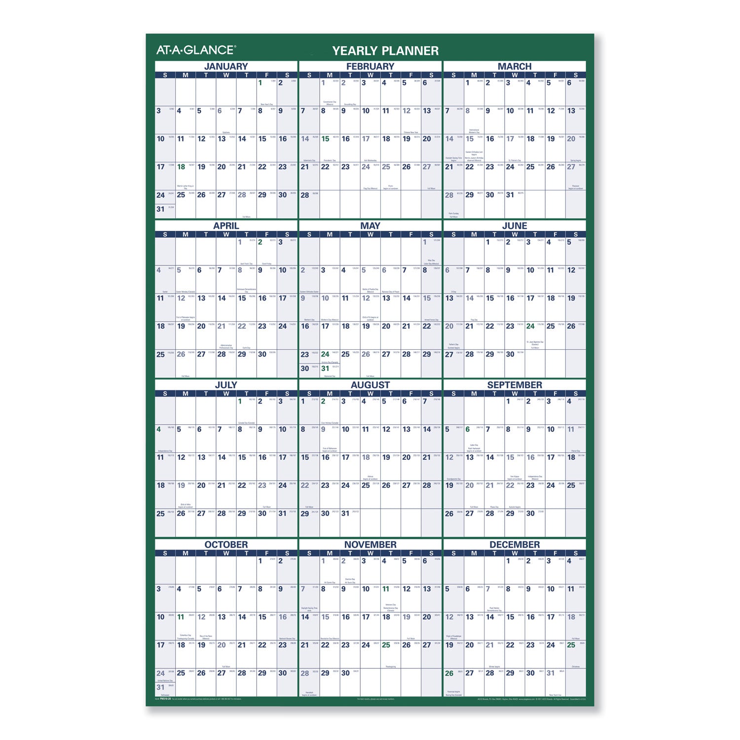 Vertical Erasable Wall Planner, 32 x 48, White/Green Sheets, 12-Month (Jan to Dec): 2025