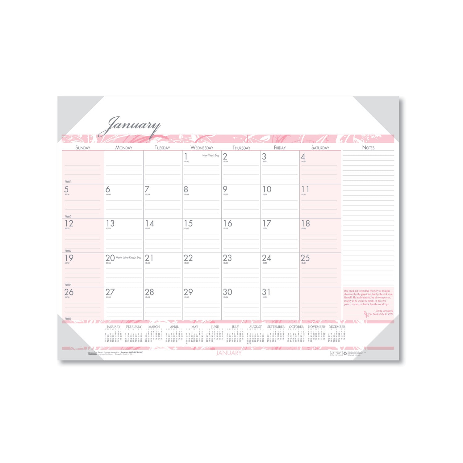 Recycled Monthly Desk Pad Calendar, Breast Cancer Awareness Artwork, 22 x 17, Black Binding/Corners,12-Month (Jan-Dec): 2025