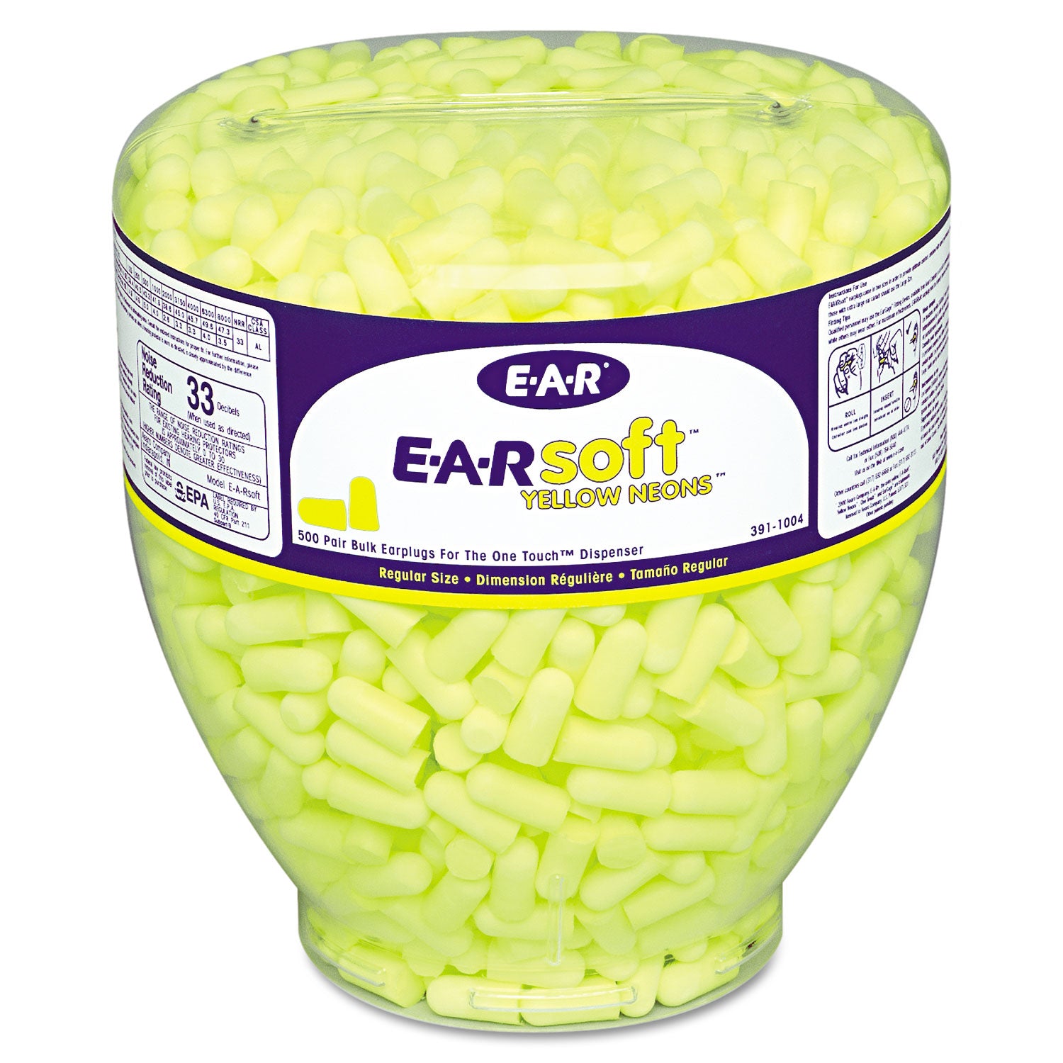 E-A-Rsoft Neon Tapered Earplug Refill, Cordless, Yellow, 500/Box